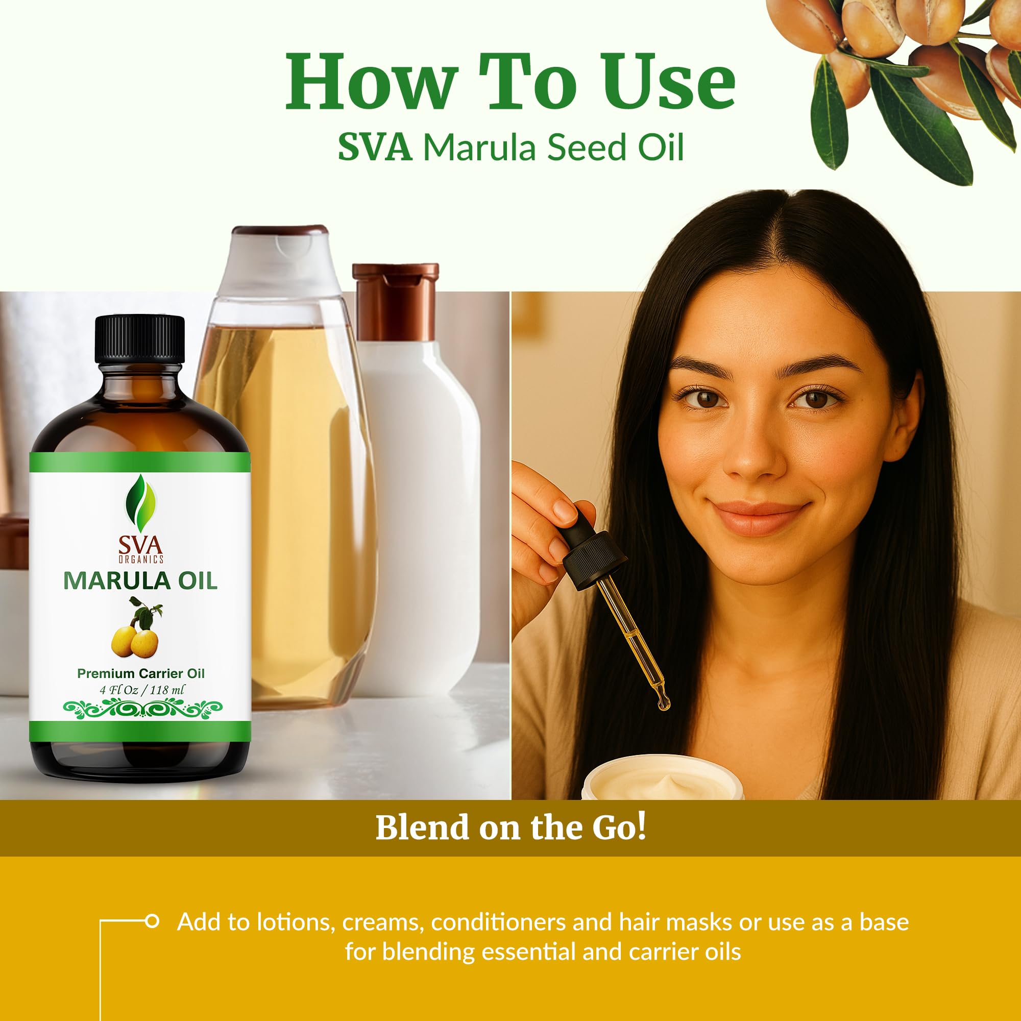 SVA ORGANICS botella junto a una regla para comparar tamaño, frasco de 118 ml práctico