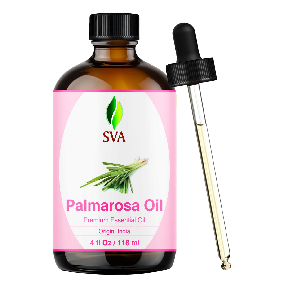 SVA ORGANICS botella frontal de palmarosa con gotero, presentación práctica