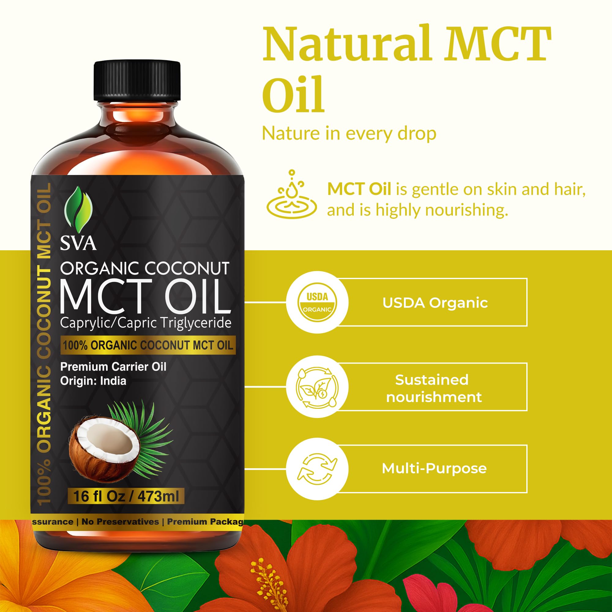Textura del aceite MCT SVA ORGANICS en gotas, aspecto claro y no graso para fácil absorción