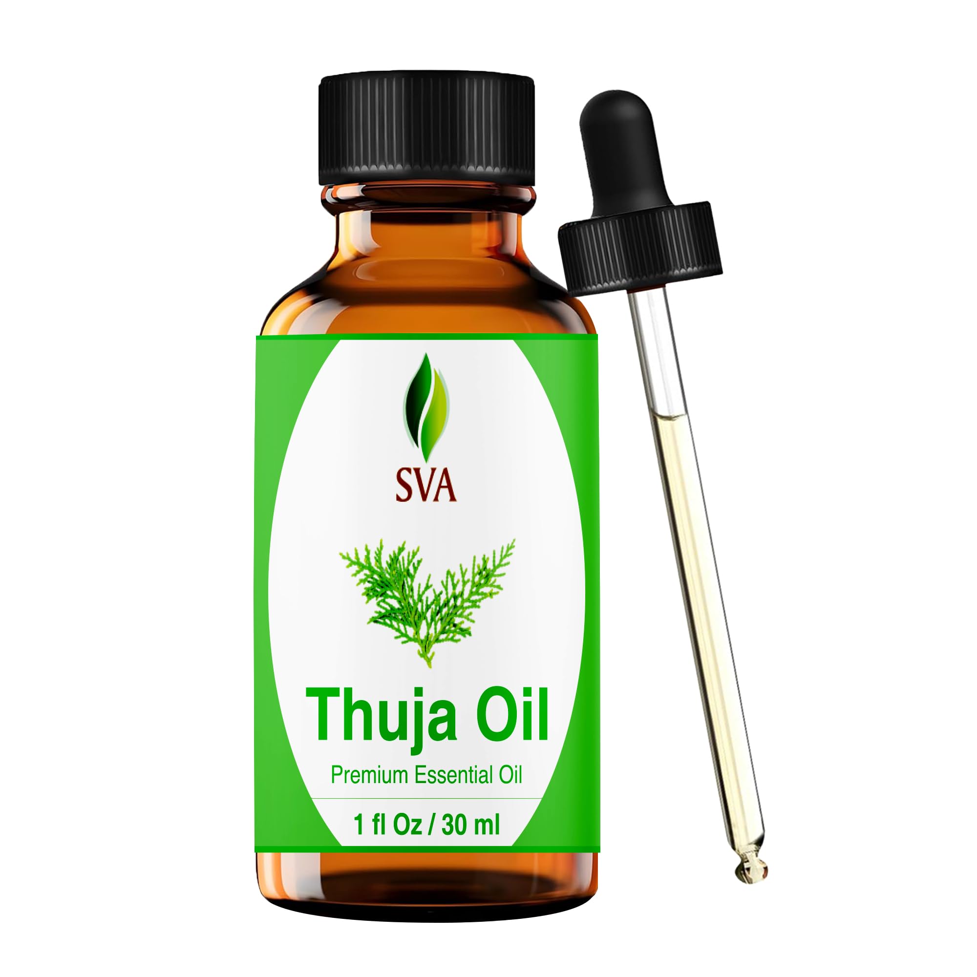 SVA ORGANICS envase ambar de Thuja mostrando cuentagotas y control de dosis
