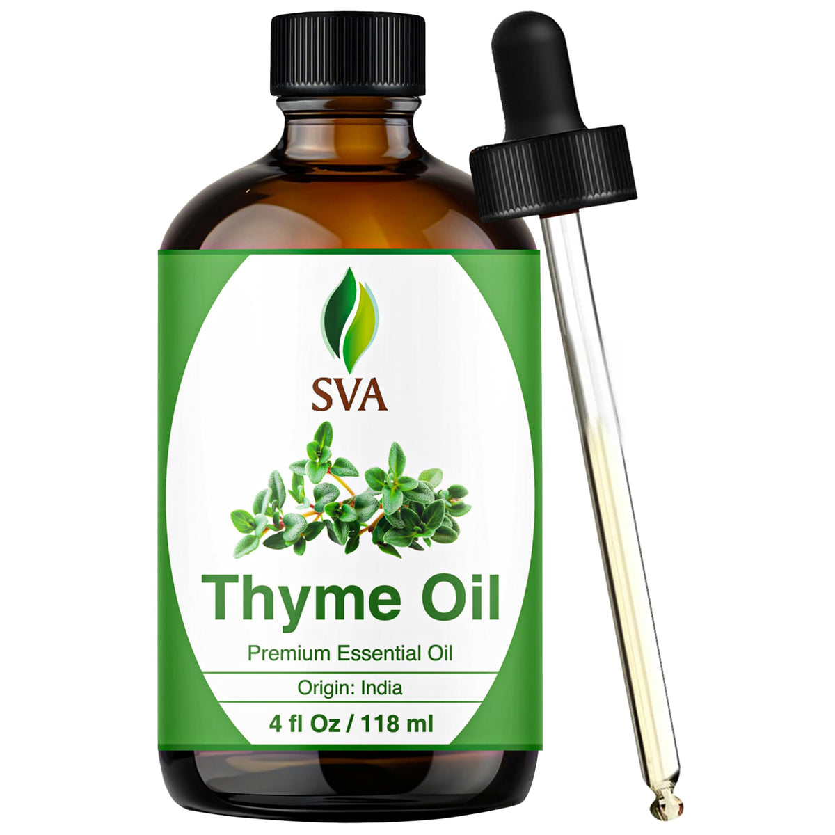 SVA ORGANICS botella frontal de tomillo mostrando envase ámbar y gotero, práctico y protegido