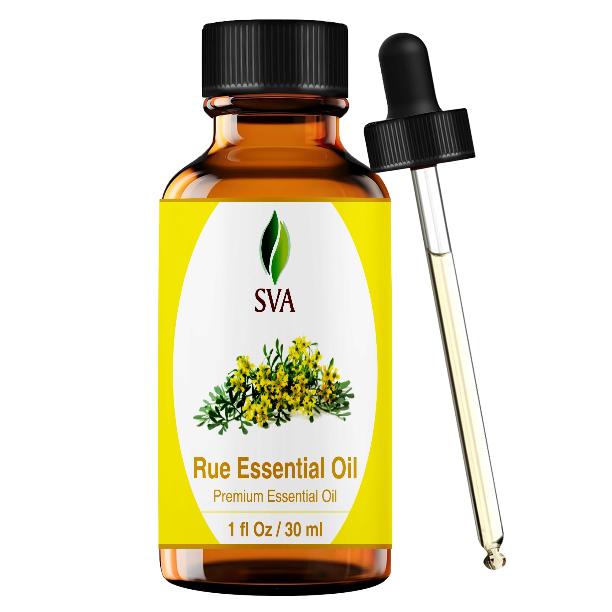 SVA ORGANICS botella frontal de ruda mostrando etiqueta y beneficio de dosificación precisa