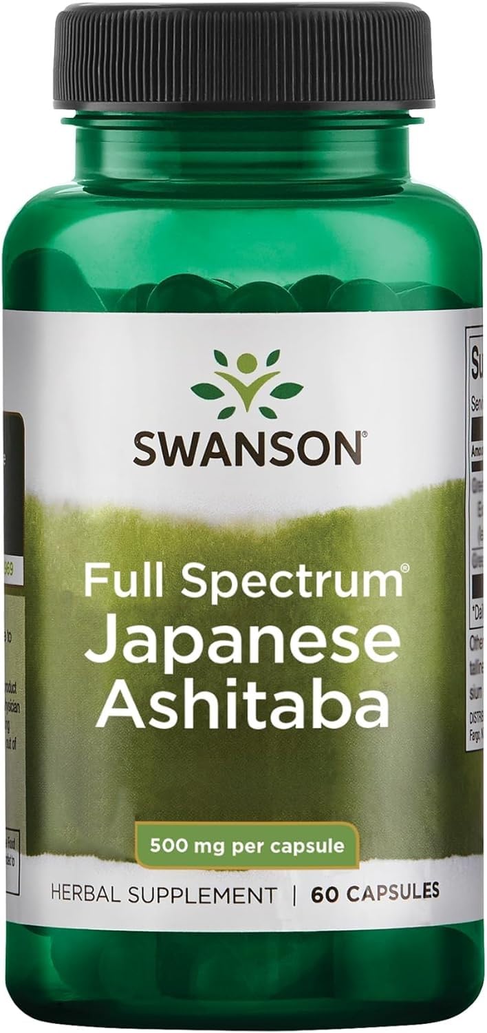 Swanson Ashitaba vista frontal del frasco mostrando 60 cápsulas, conveniencia diaria