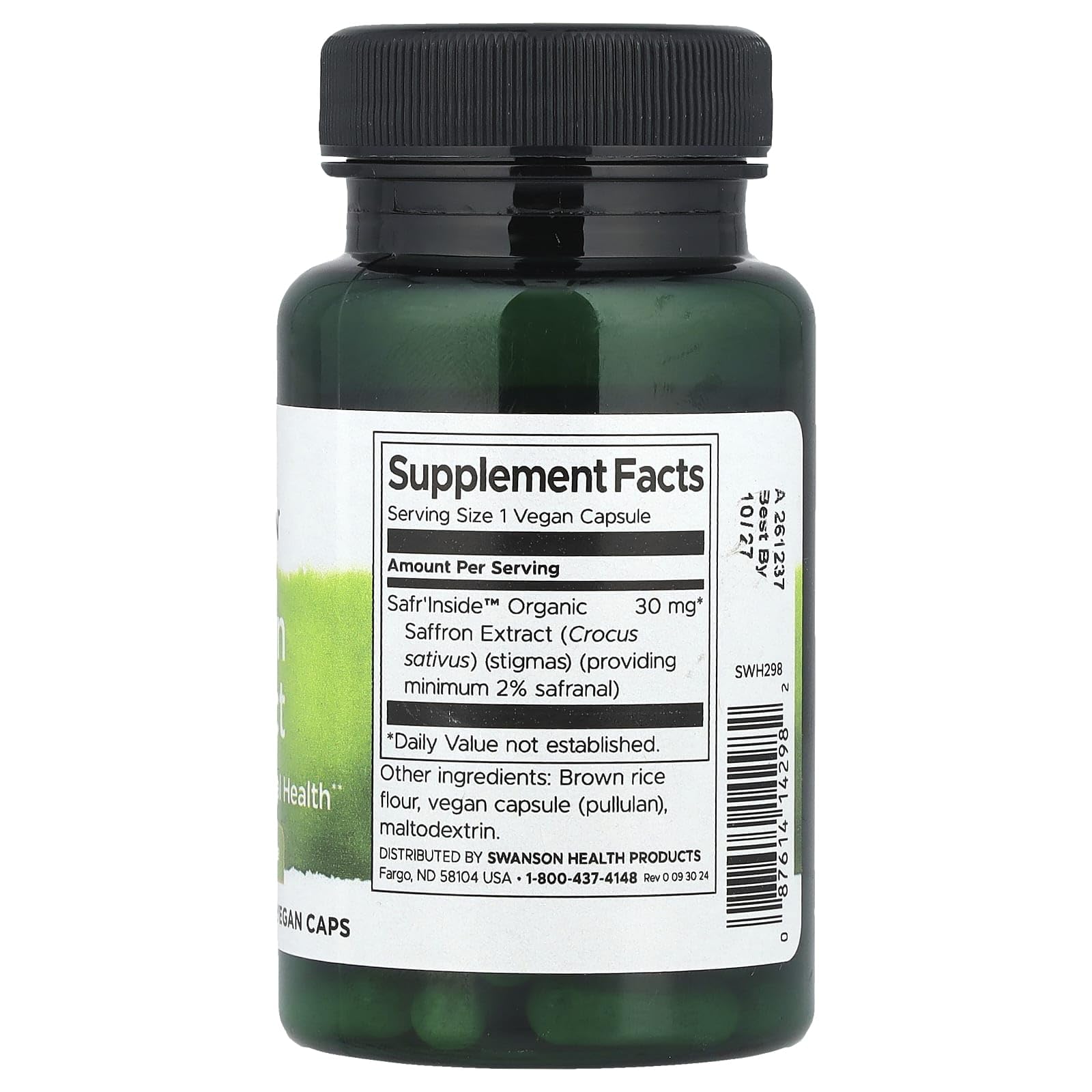 Cápsulas veganas de Swanson Saffron Extract en primer plano mostrando su tamaño y acabado