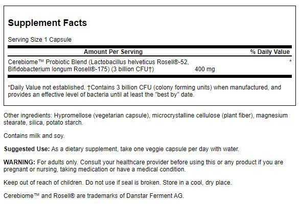 Swanson cápsula vegetal en primer plano indicando formulación Cerebiome
