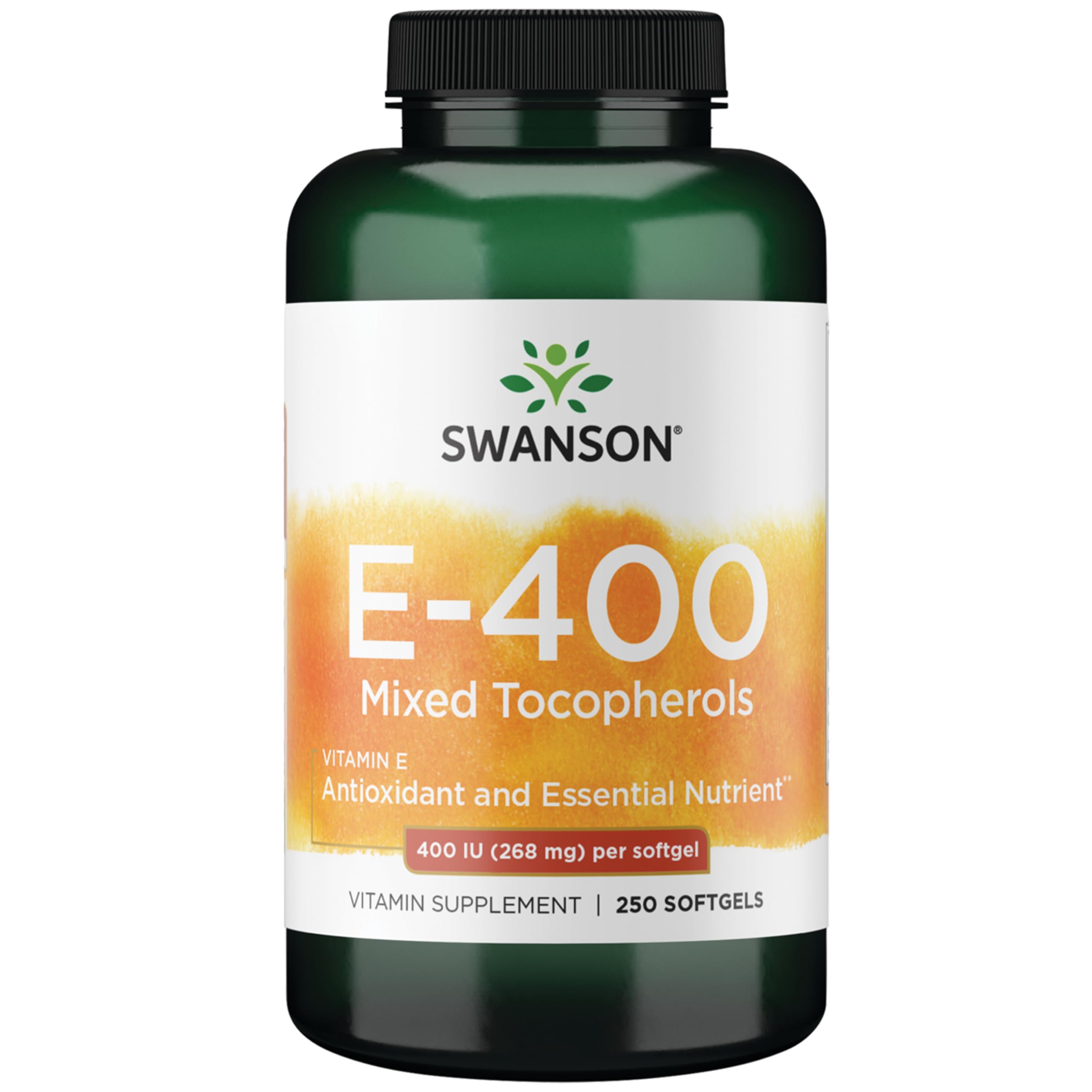 Swanson botella frontal con E-400 tocopherols mostrando diseño y tamaño, confianza de marca
