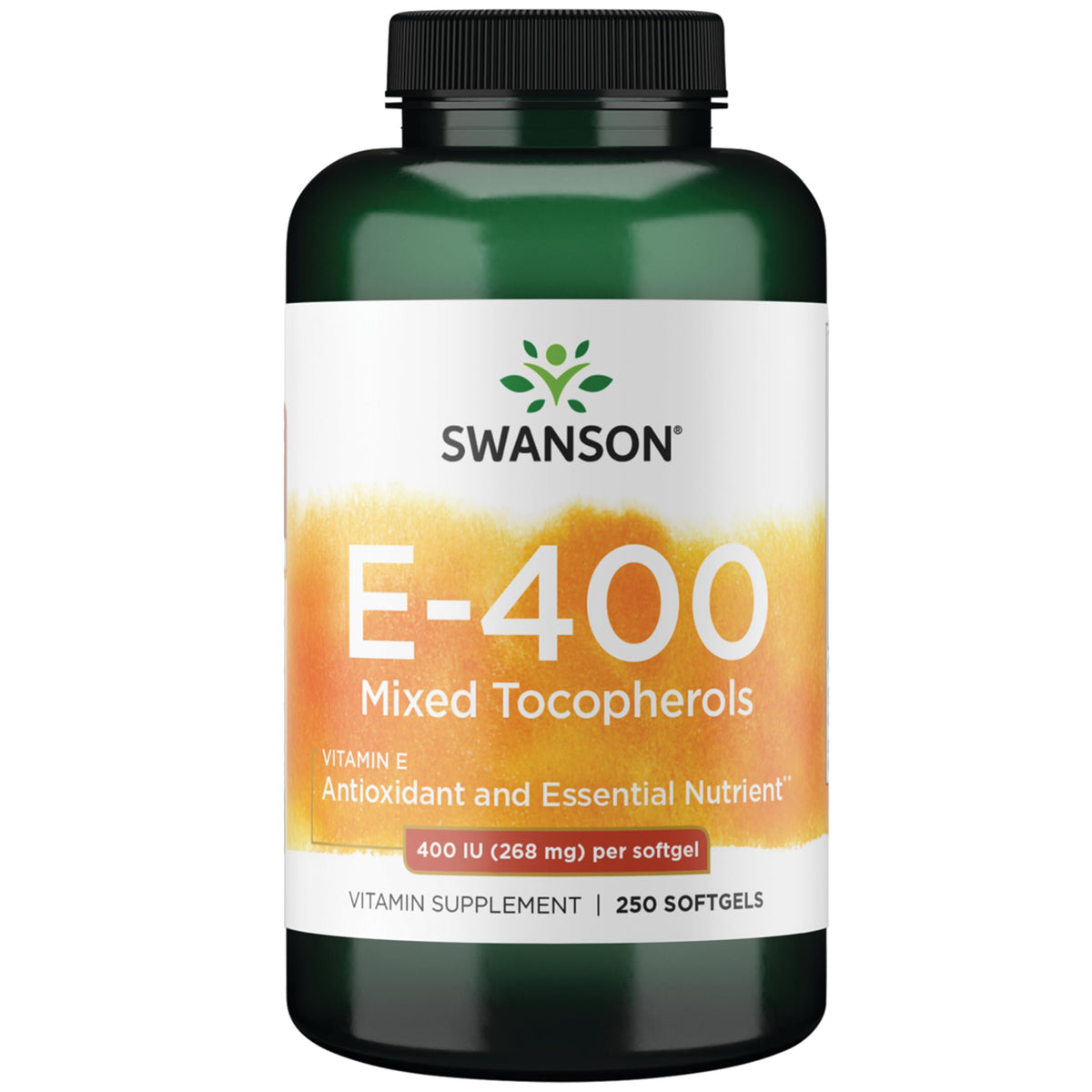 Swanson botella frontal con E-400 tocopherols mostrando diseño y tamaño, confianza de marca