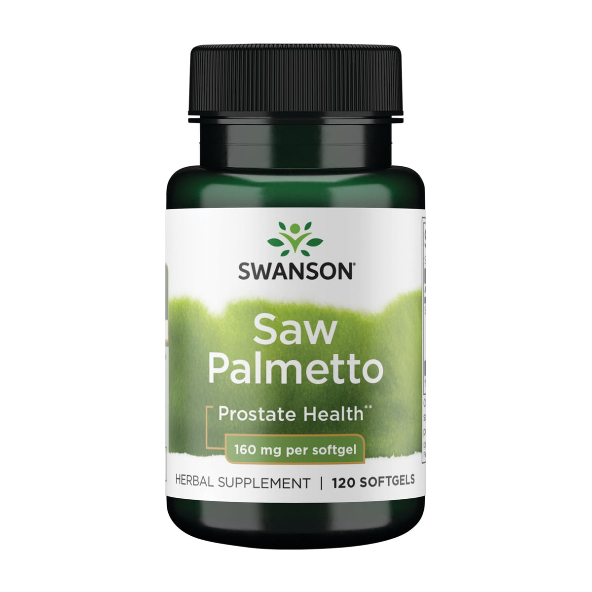 Swanson envase frontal Saw Palmetto mostrando etiqueta clara y beneficio prostático