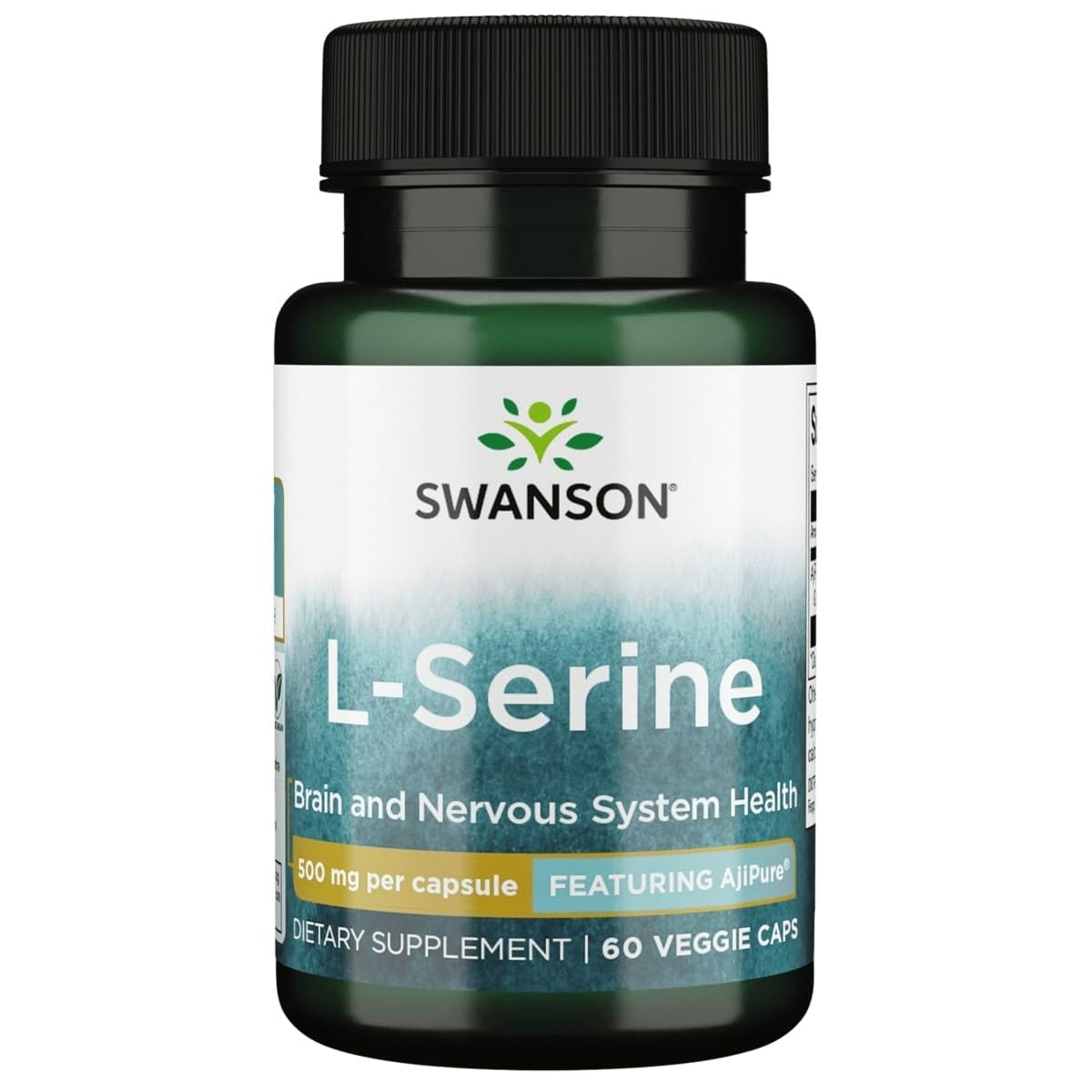Swanson frasco frontal Ajipure L-Serine mostrando etiqueta y beneficio de pureza