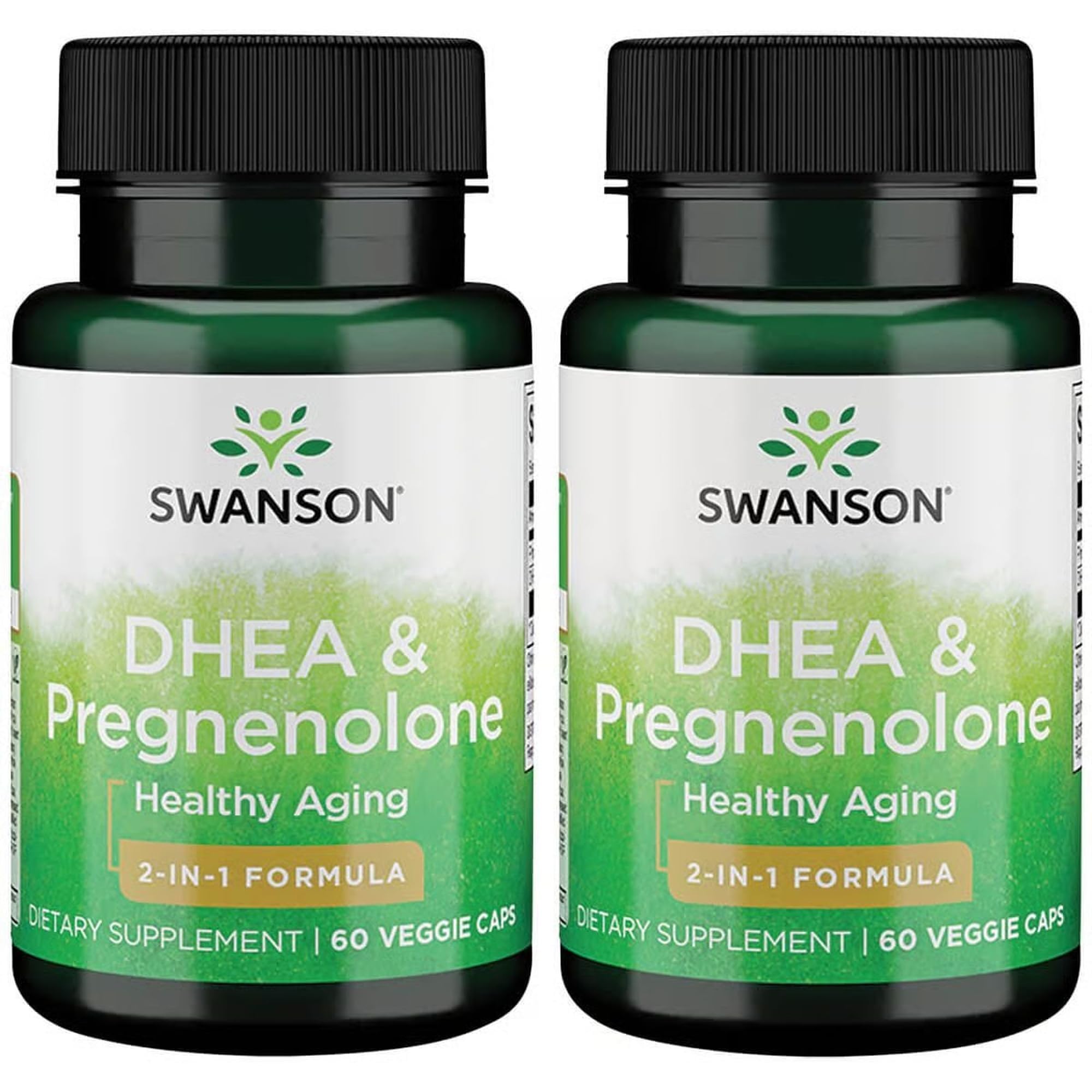Swanson frasco frontal de DHEA y Pregnenolona, imagen del envase y beneficios claros