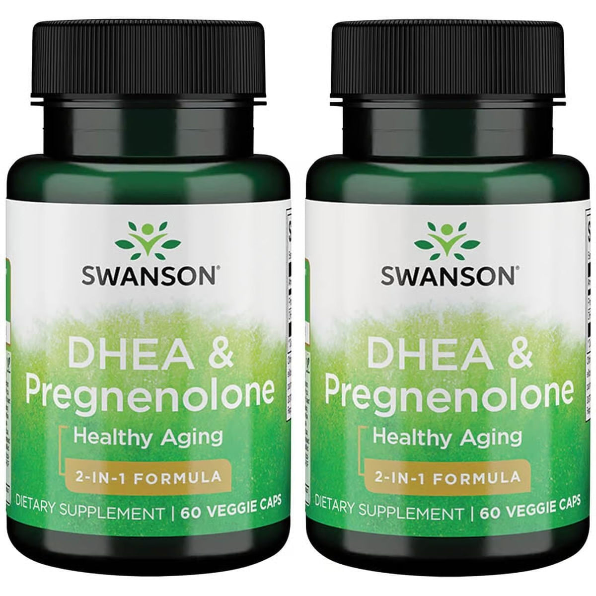 Swanson frasco frontal de DHEA y Pregnenolona, imagen del envase y beneficios claros