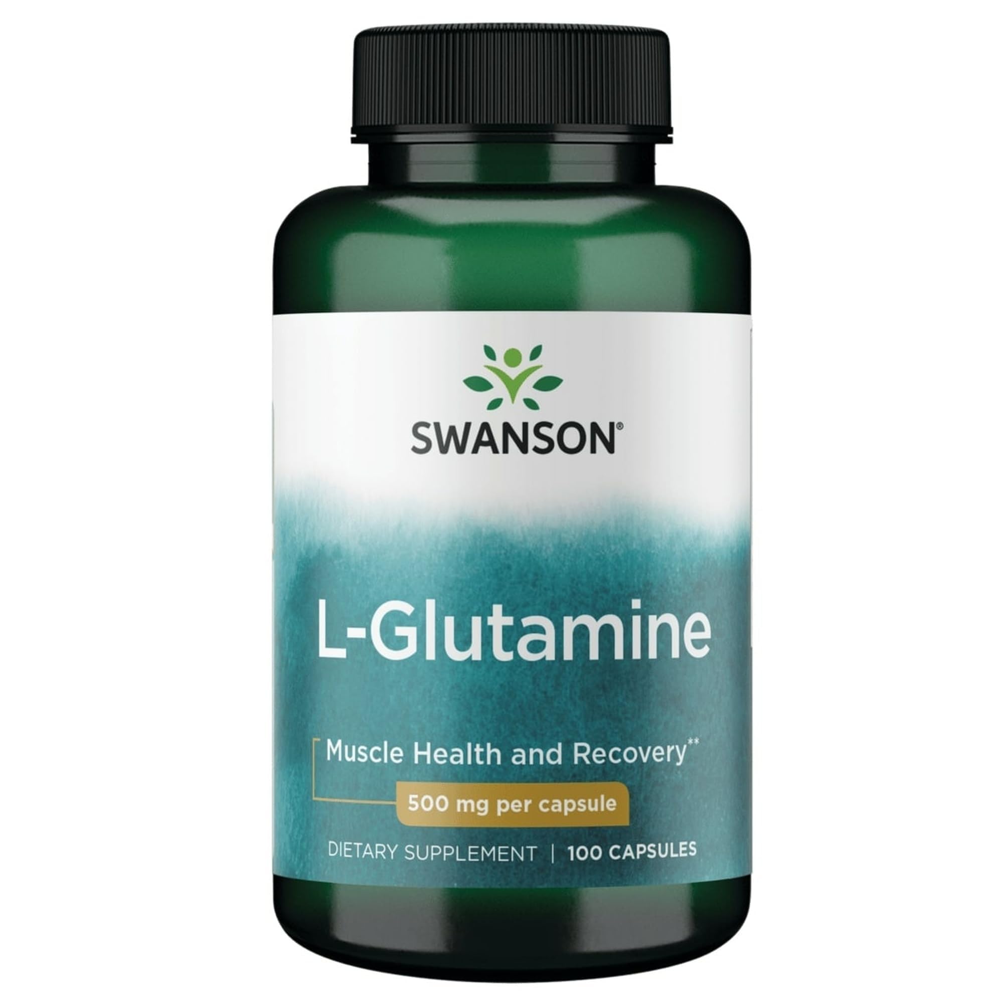 Swanson frasco frontal L-Glutamine 500 mg mostrando etiqueta y presentación clara