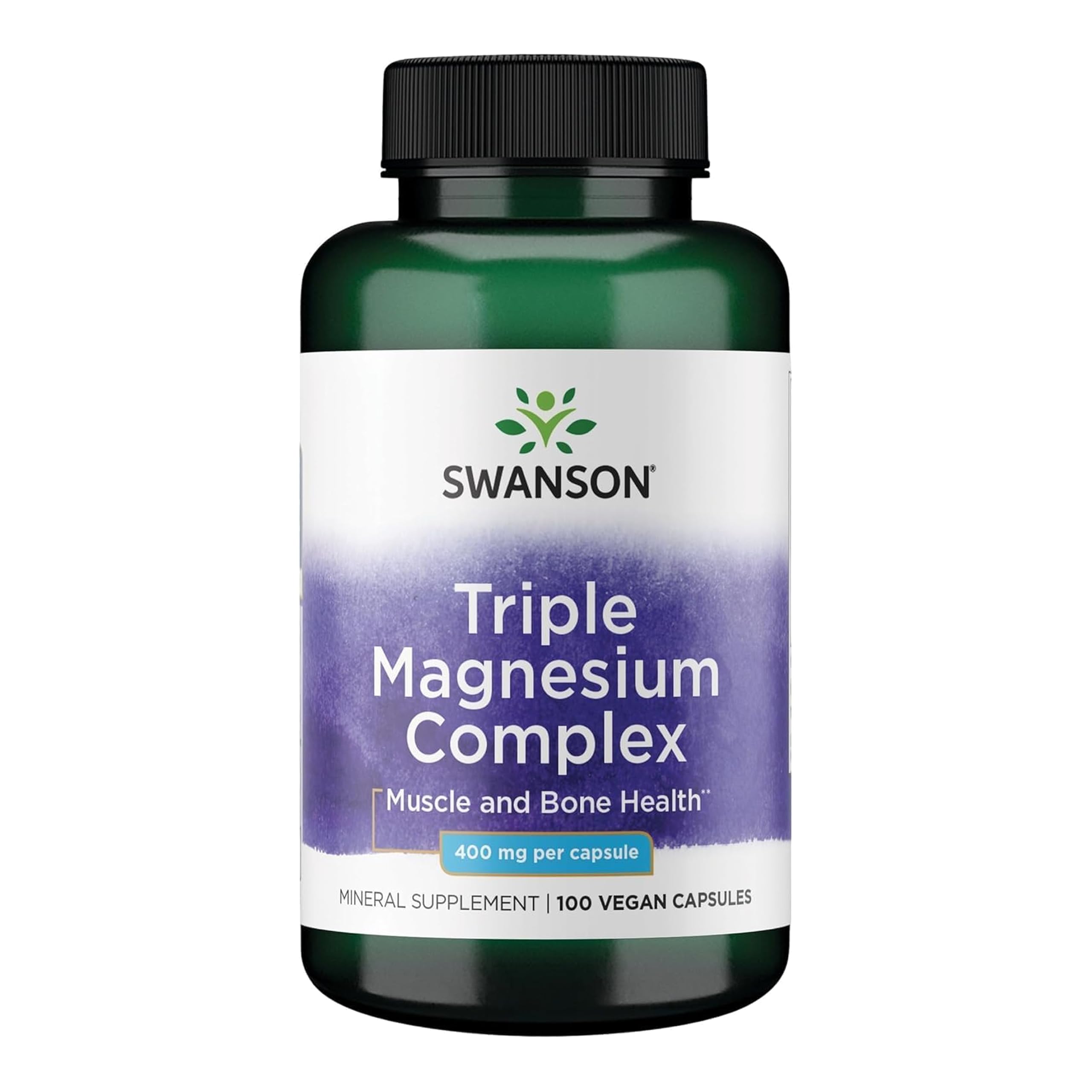 Swanson frasco frontal mostrando Triple Magnesium Complex y cantidad de cápsulas, confianza de marca