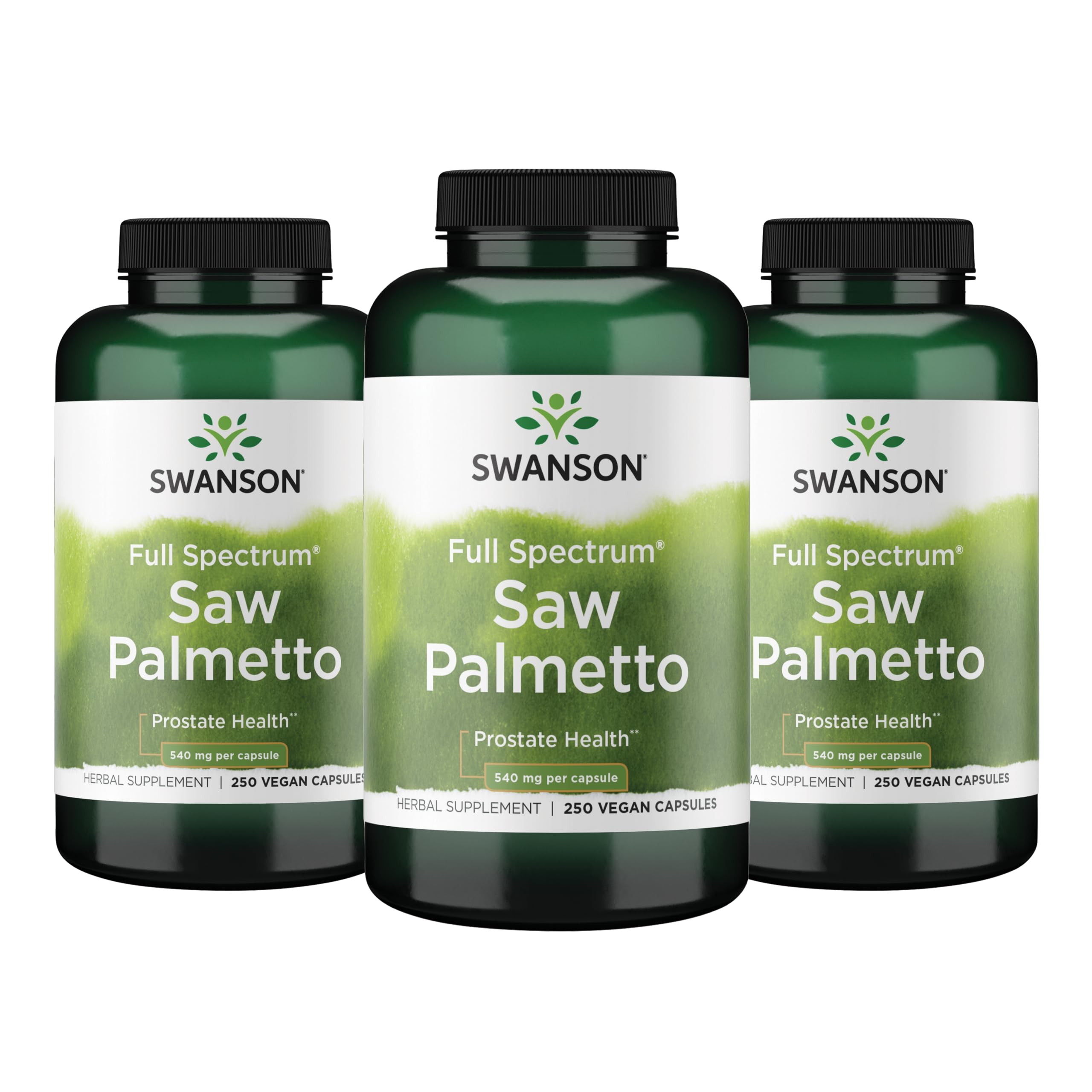 Swanson frasco frontal Saw Palmetto mostrando etiqueta y beneficio prostático