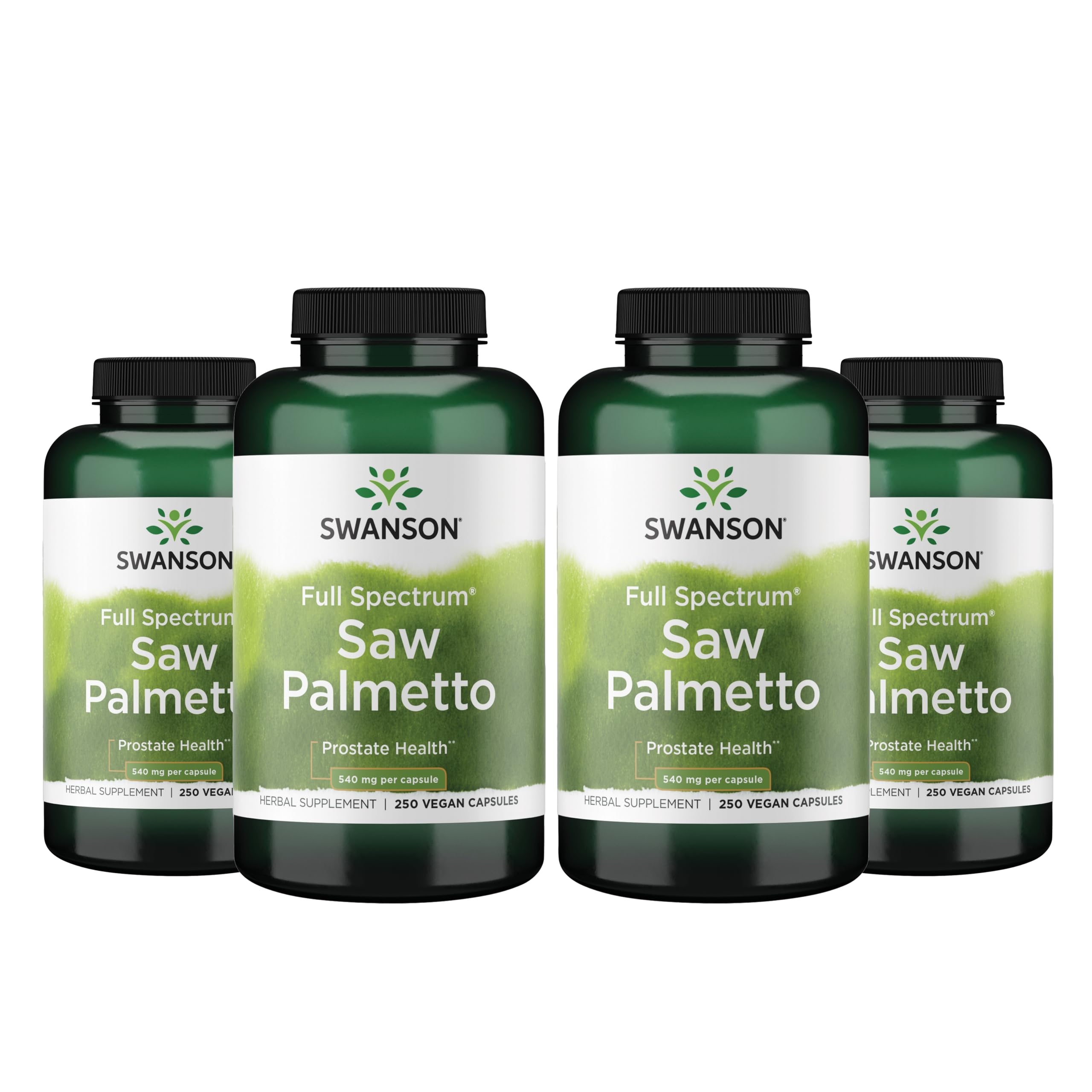 Swanson frontal del envase Saw Palmetto mostrando 250 cápsulas y beneficios