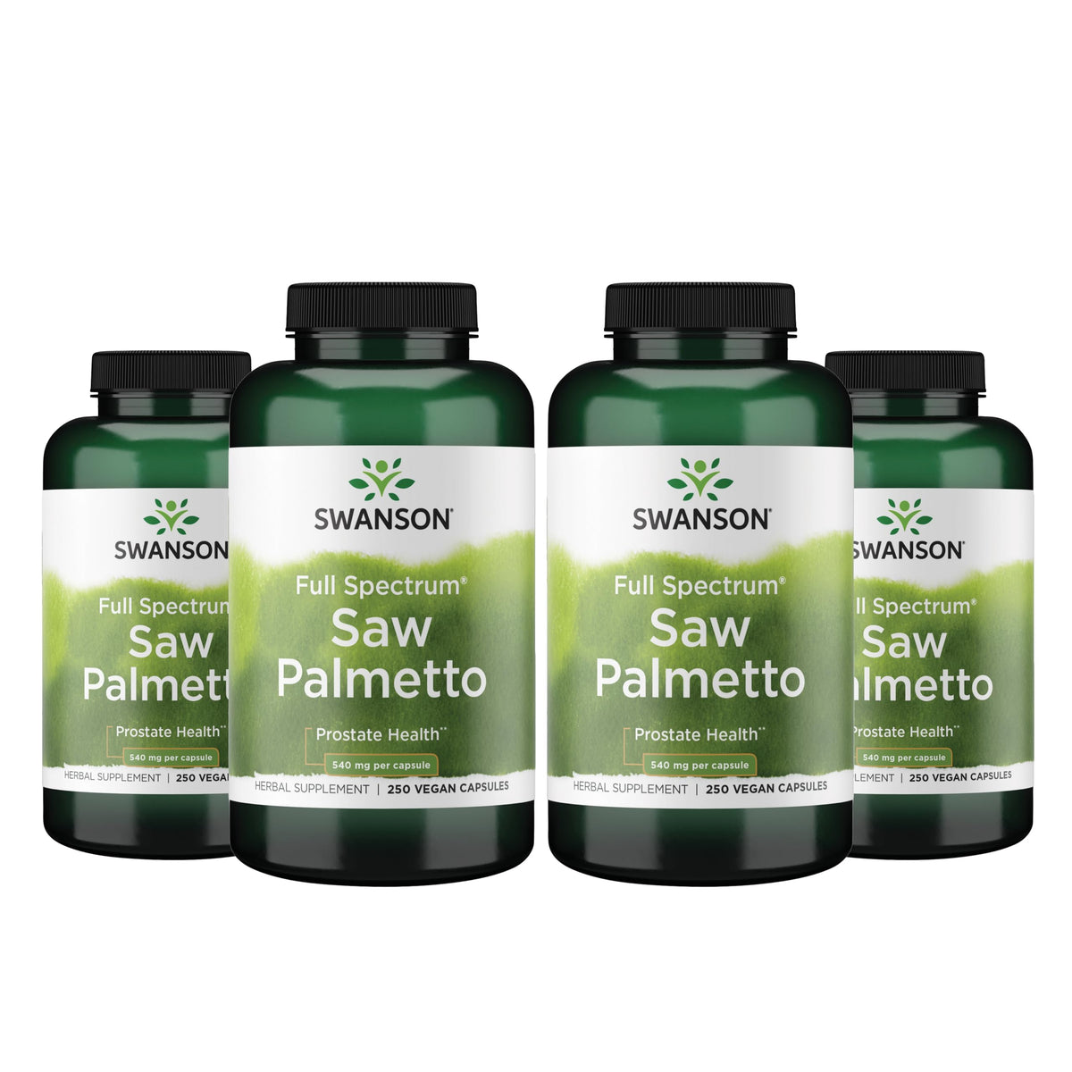 Swanson frontal del envase Saw Palmetto mostrando 250 cápsulas y beneficios