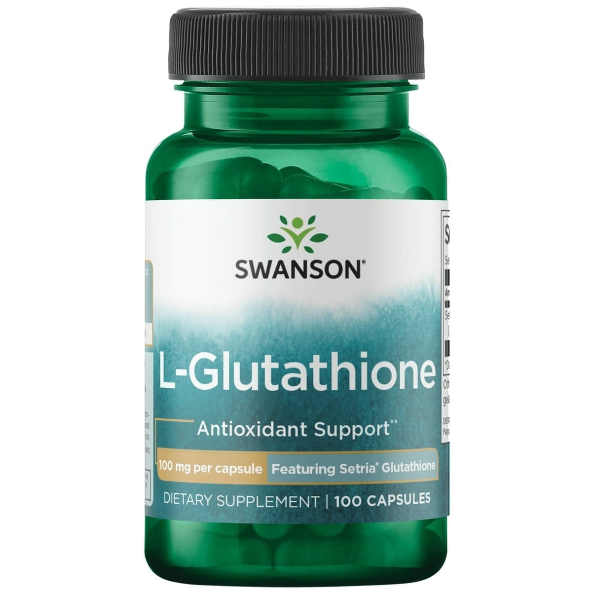 Swanson frasco frontal de L-Glutathione mostrando la etiqueta y facilidad de uso