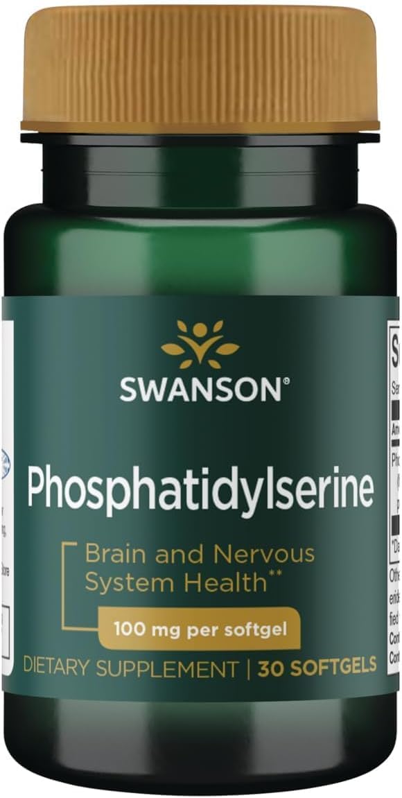 Swanson Phosphatidylserine vista frontal del envase que muestra diseño y cantidad