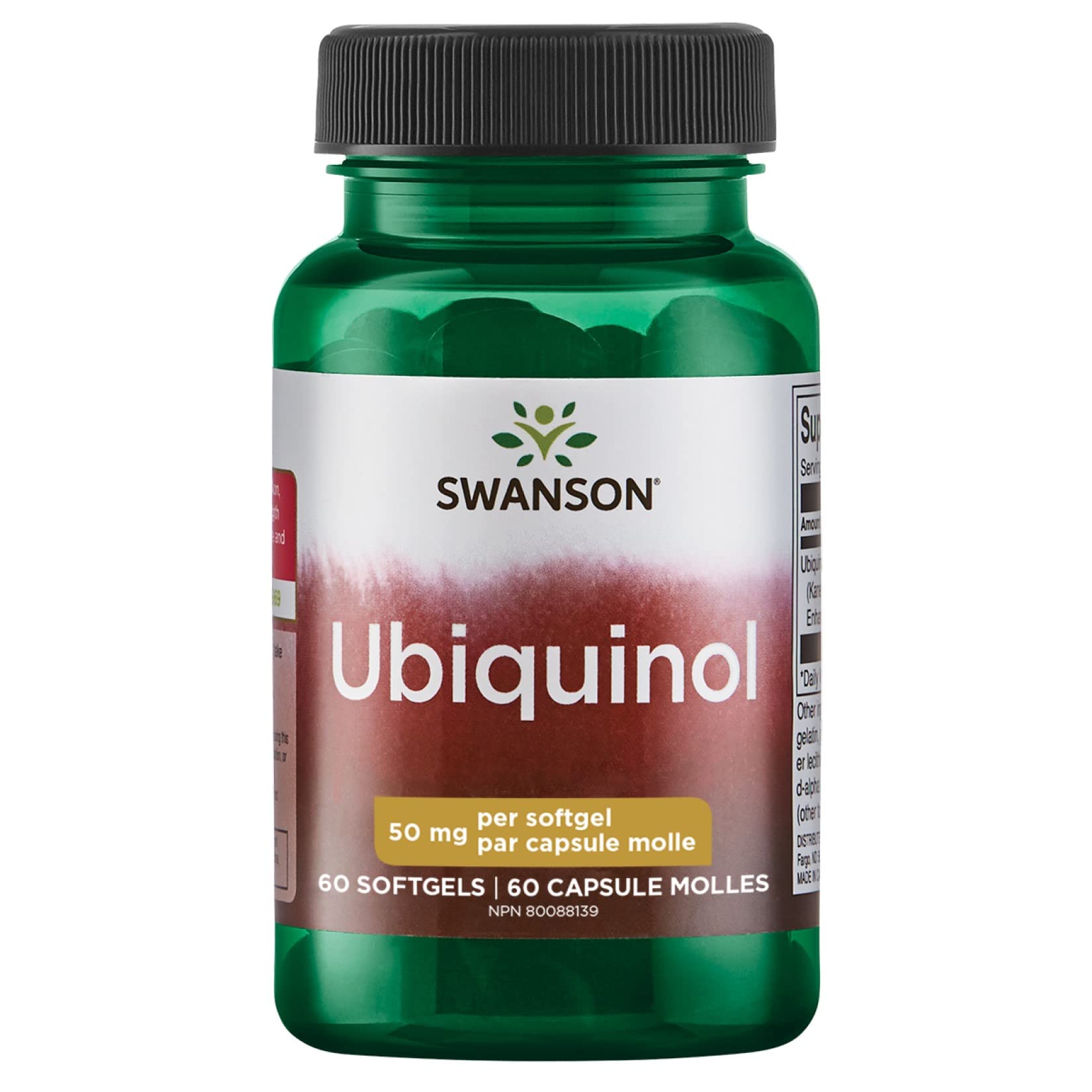 Swanson frasco frontal de Ubiquinol 50 mg mostrando etiqueta y cantidad útil