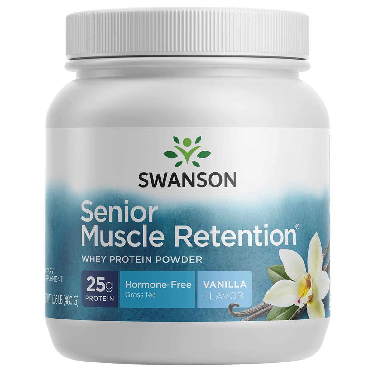 Swanson envase frontal del polvo proteico, visión clara del producto y marca