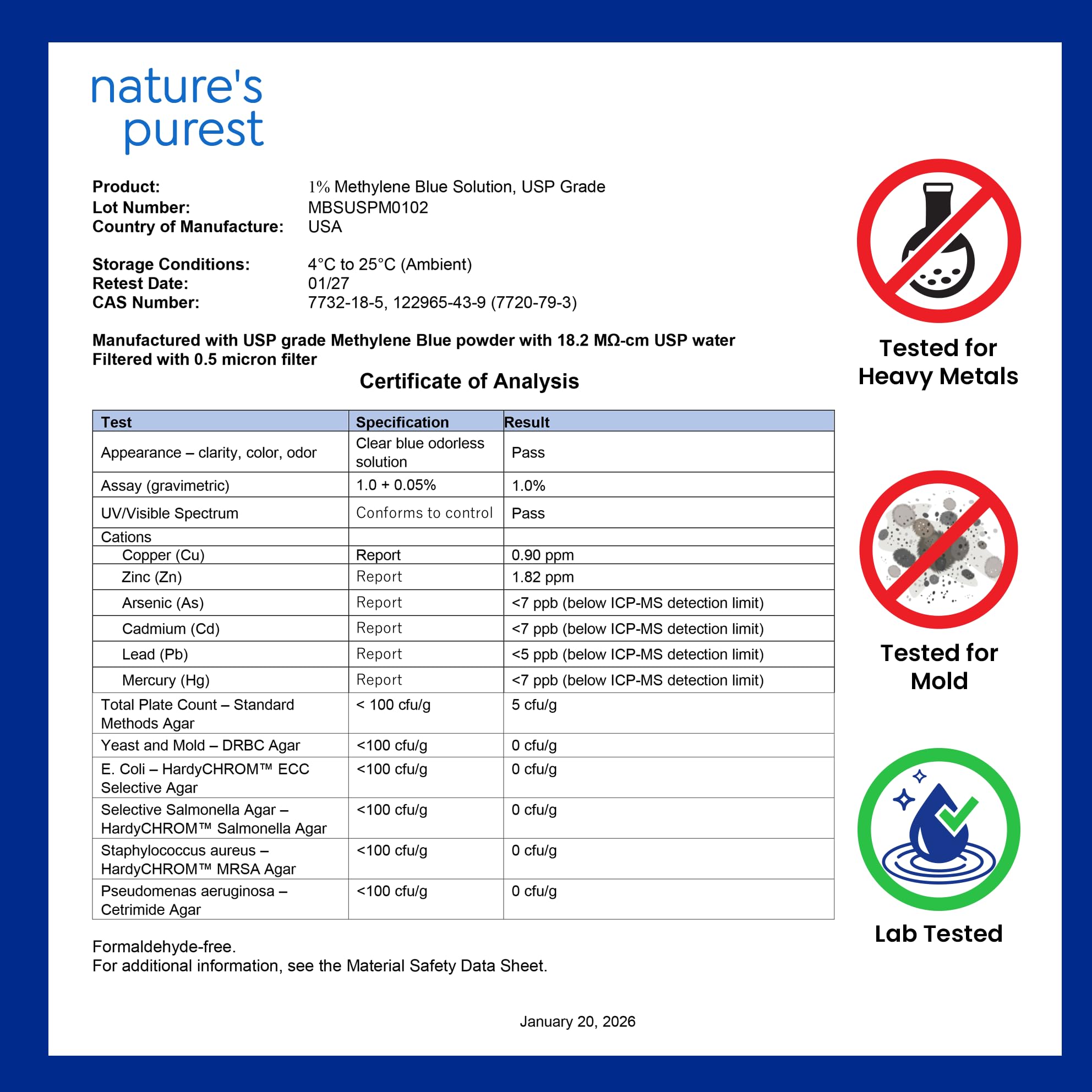 Sweat & Soul certificado de análisis (COA) que respalda pruebas de terceros