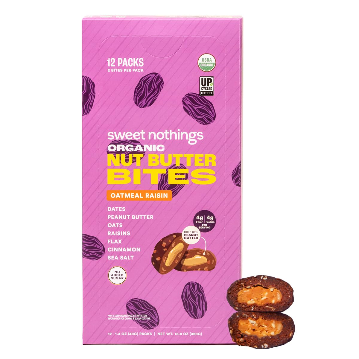 Sweet Nothings paquete frontal avena-pasas mostrando etiqueta orgánica y beneficio práctico