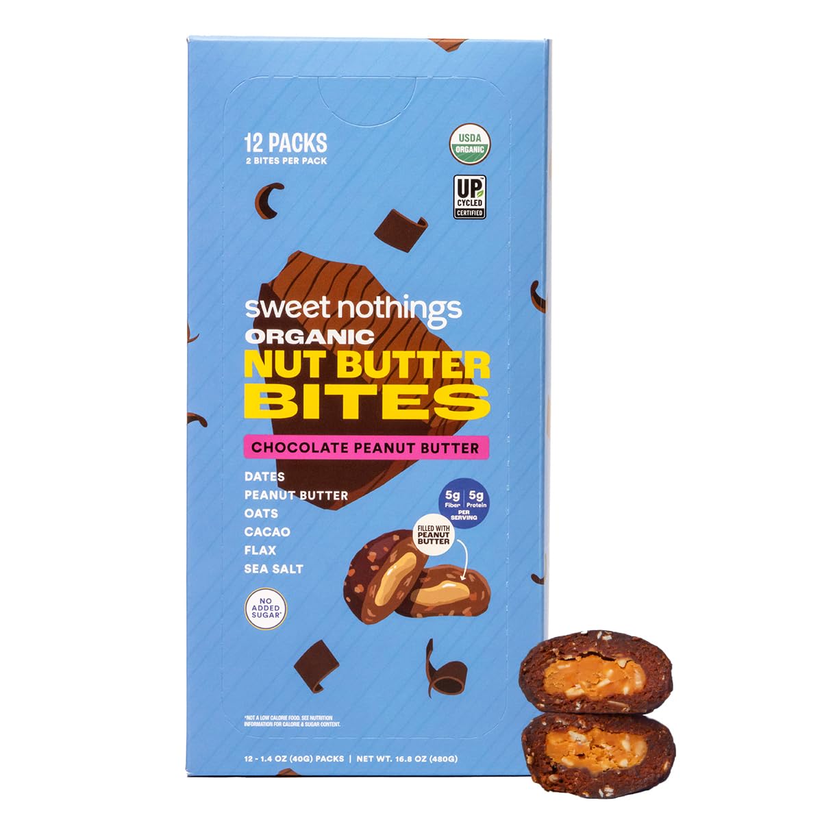 Sweet Nothings empaque frontal mostrando pack de 12 y beneficios orgánicos