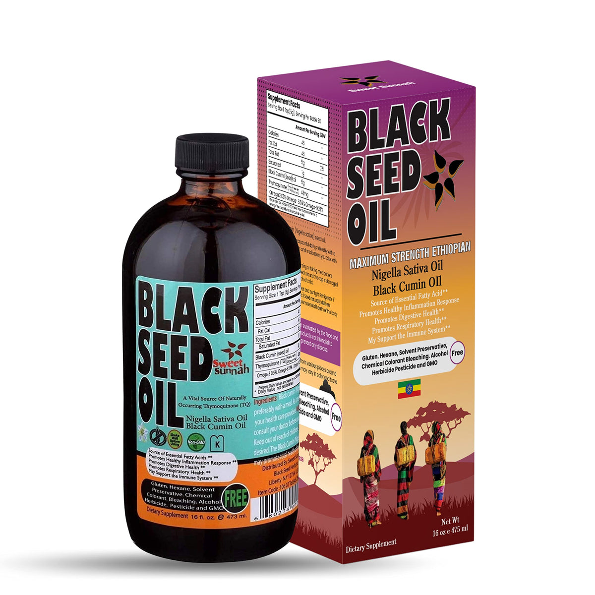 Sweet Sunnah botella frontal 16 oz de aceite de semilla negra, protección en vidrio