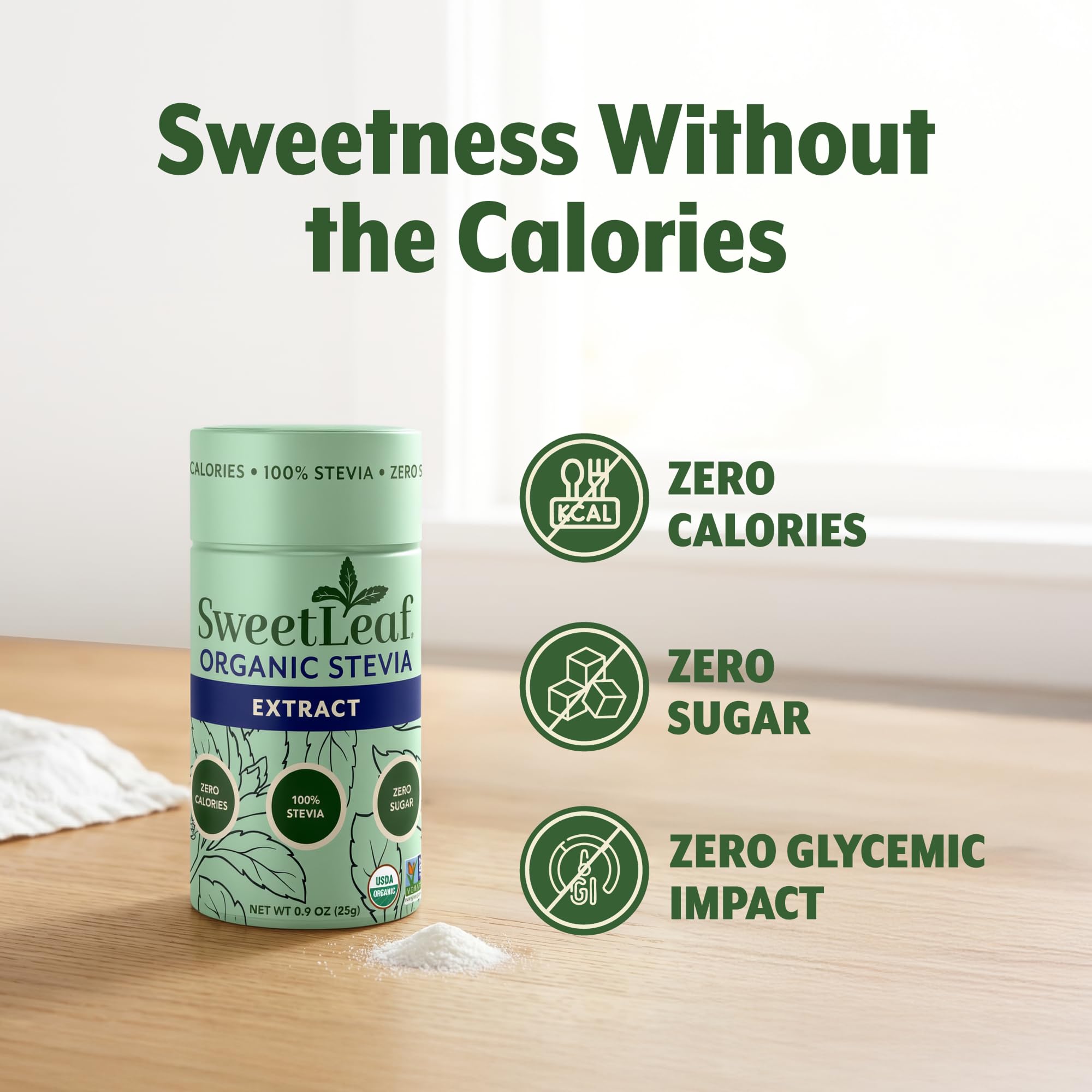 SweetLeaf primer plano de la etiqueta orgánica y certificación clara