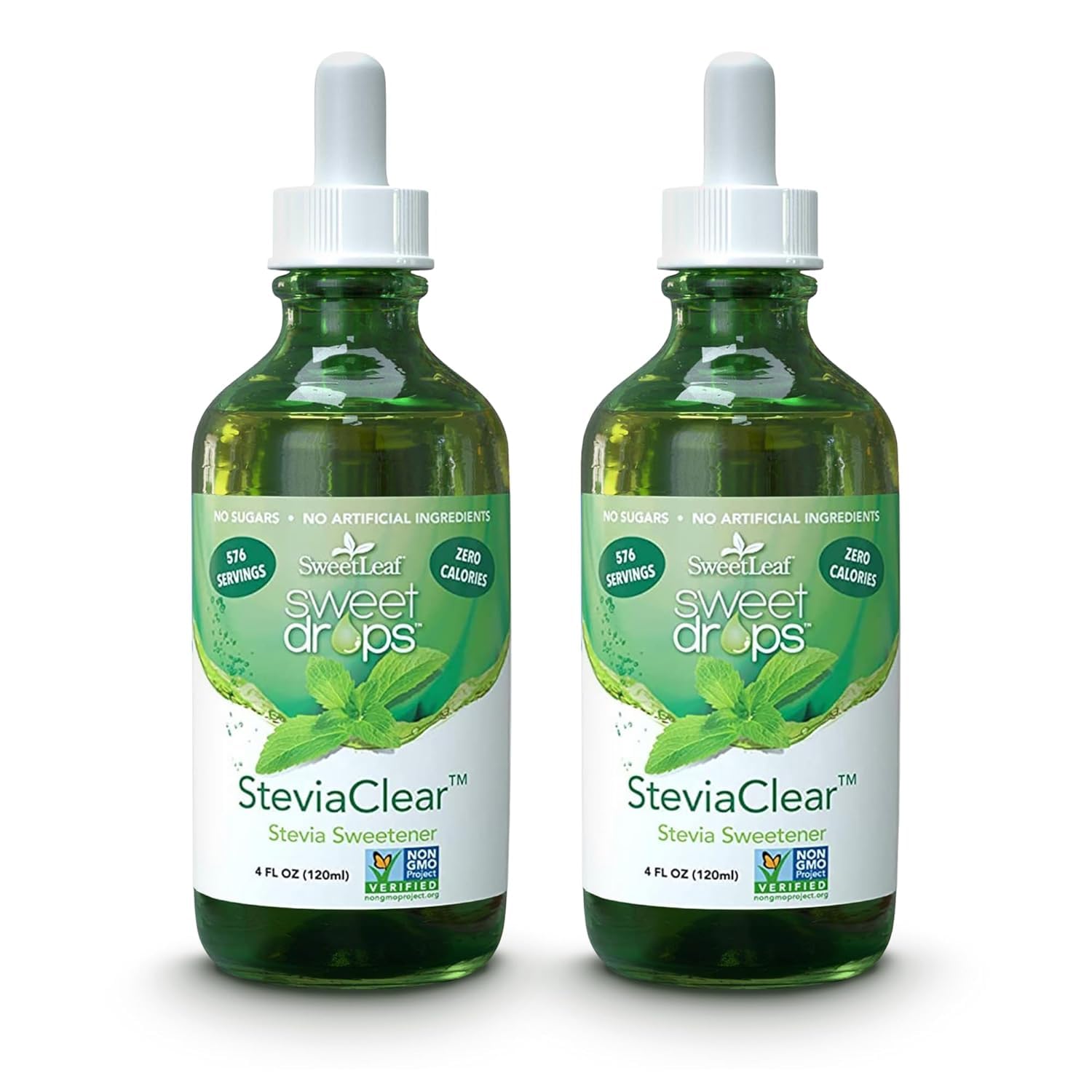 SweetLeaf frasco frontal mostrando diseño y cantidad, práctico para llevar