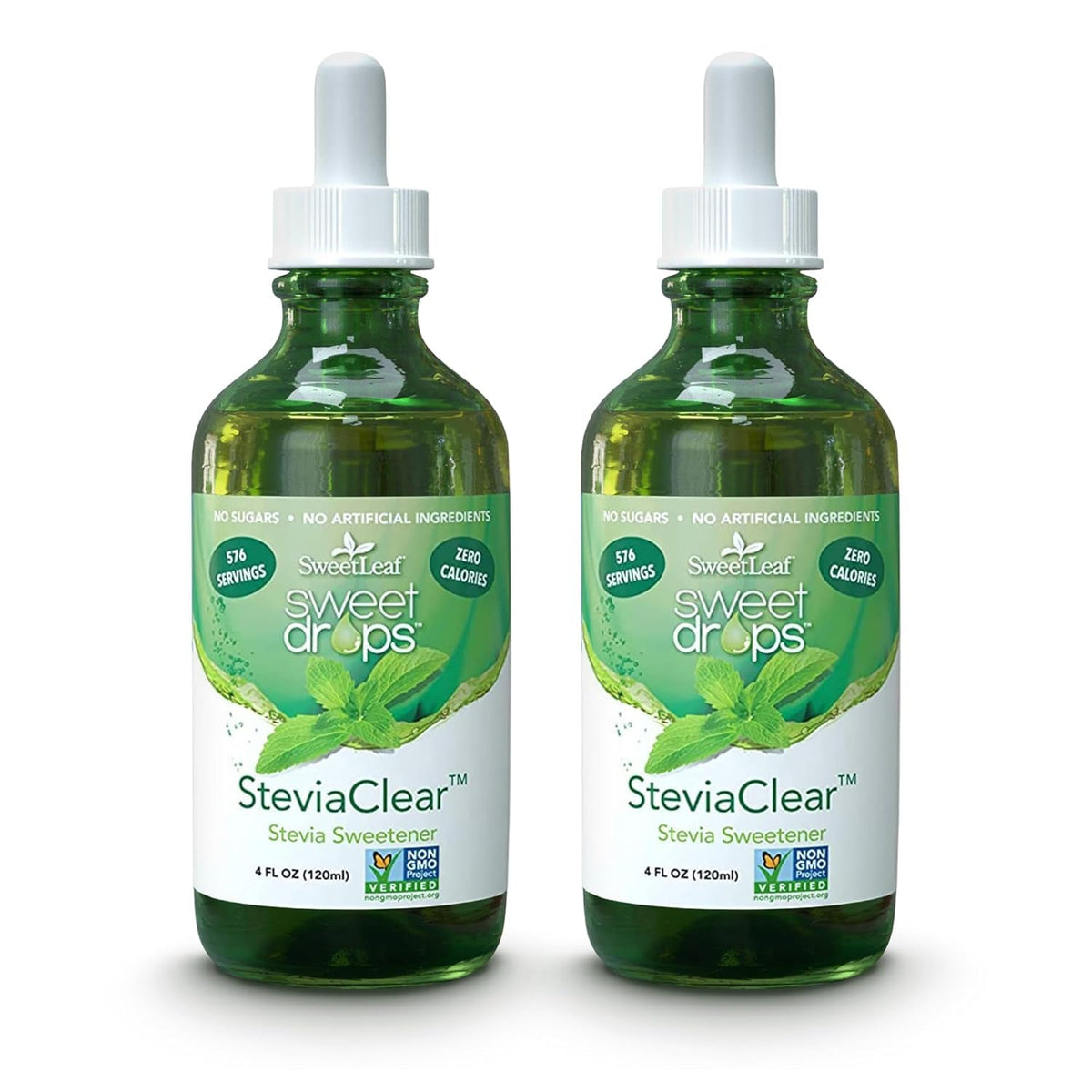 SweetLeaf frasco frontal mostrando diseño y cantidad, práctico para llevar