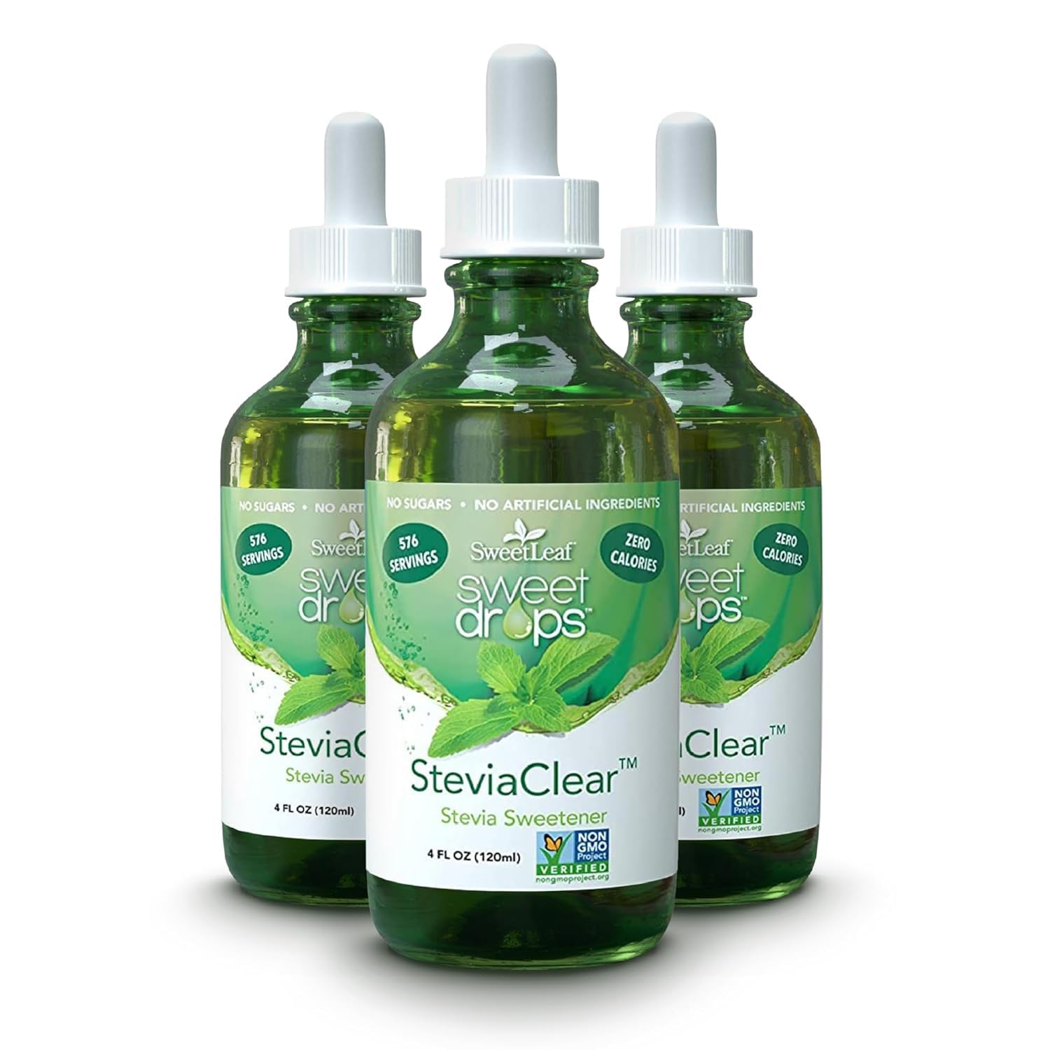 SweetLeaf vista frontal del pack de 3 botellas para ahorro y conveniencia