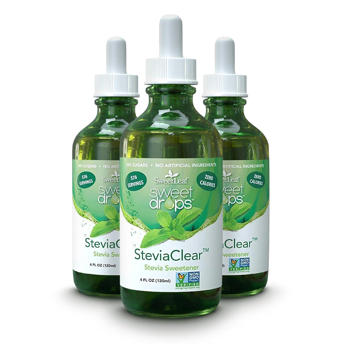 SweetLeaf vista frontal del pack de 3 botellas para ahorro y conveniencia