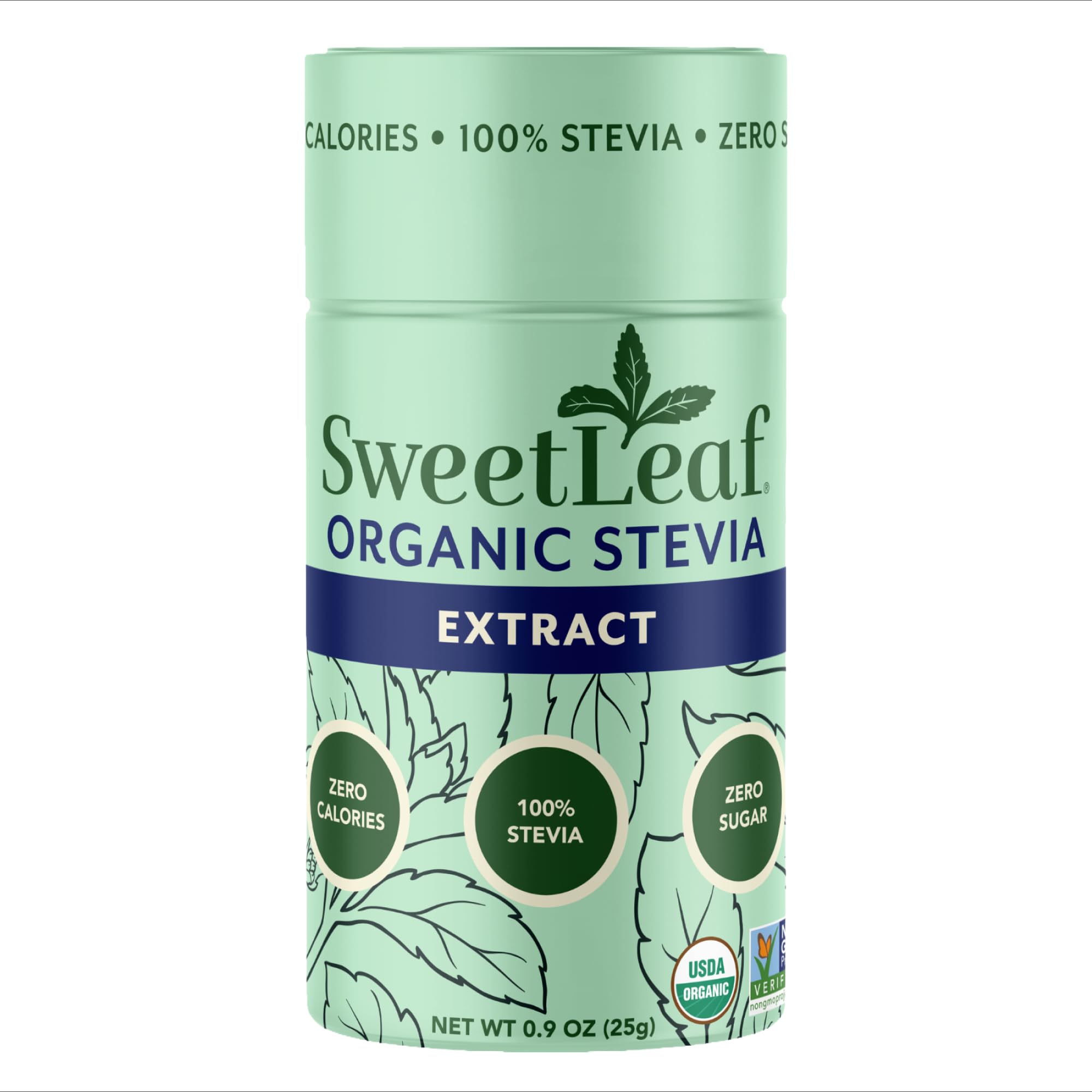 SweetLeaf shaker frontal mostrando el envase y facilidad de dosificación