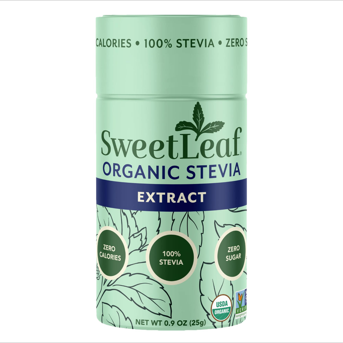 SweetLeaf shaker frontal mostrando el envase y facilidad de dosificación