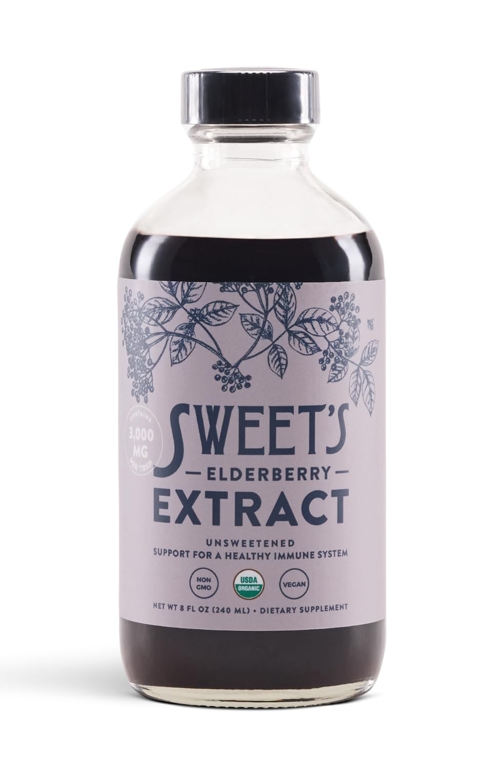 Sweet's Elderberry vista frontal de la botella, presentación clara y práctica