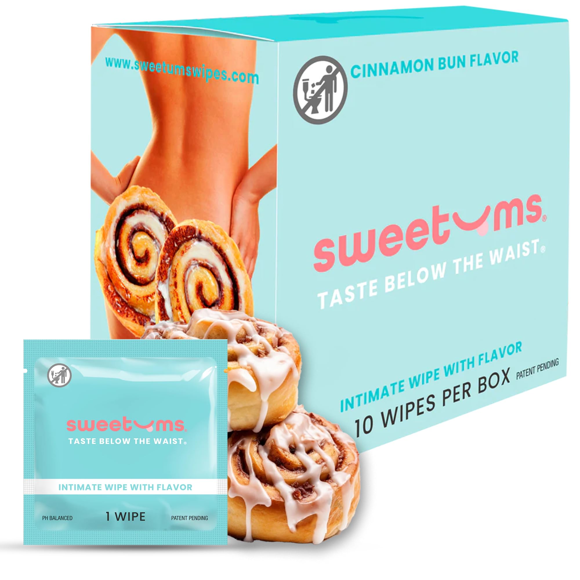 Sweetums empaque frontal Cinnamon Bun mostrando diseño y beneficio de frescura
