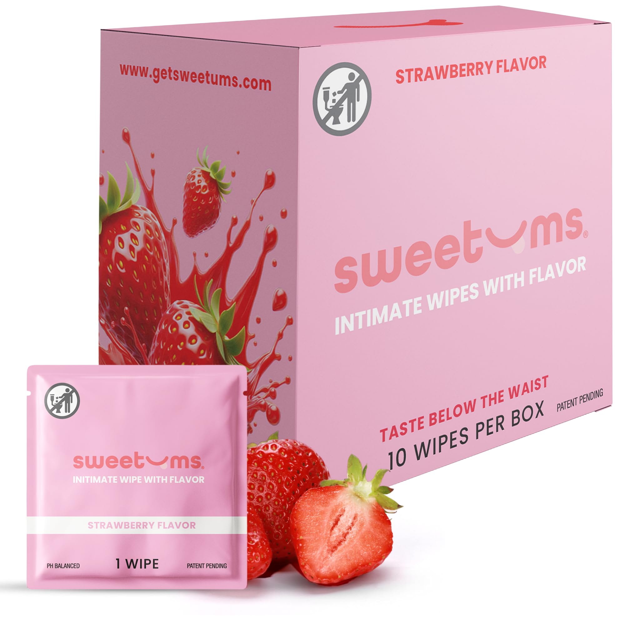 Sweetums empaque frontal de toallitas fresa mostrando portabilidad y frescura