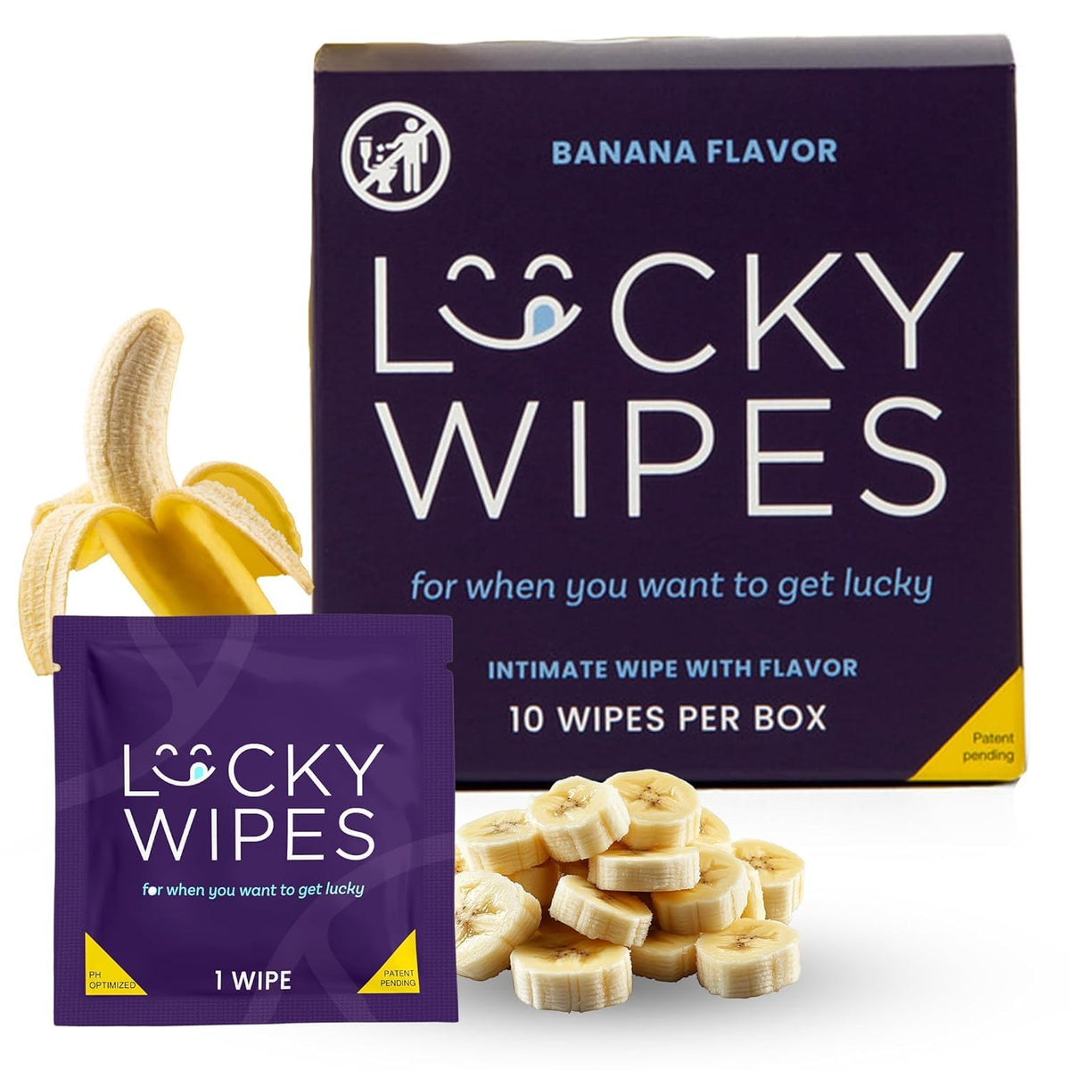 Sweetums Lucky Wipes empaque frontal mostrando pack de 10 banana y beneficio de conveniencia