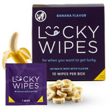 Sweetums Lucky Wipes empaque frontal mostrando pack de 10 banana y beneficio de conveniencia