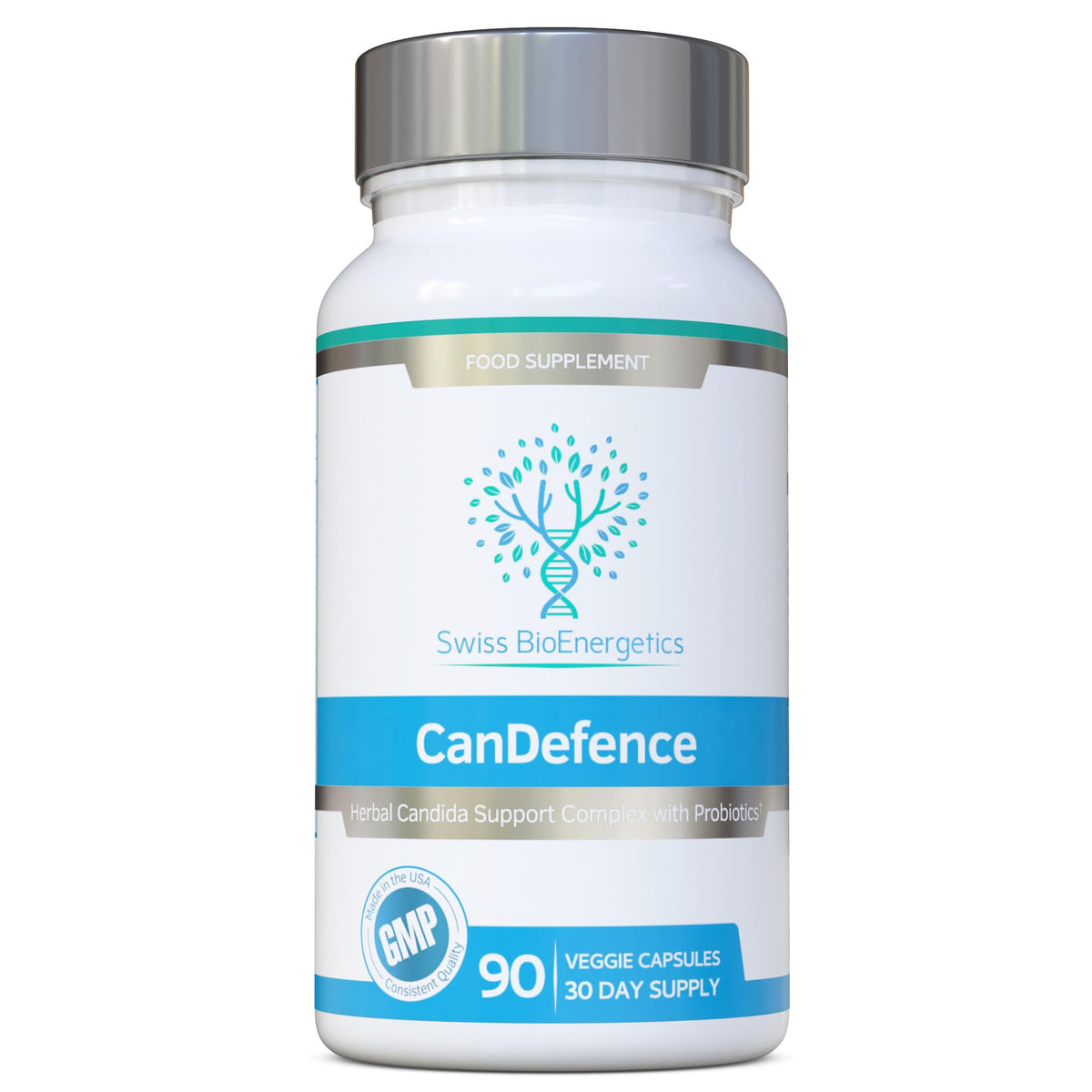Swiss BioEnergetics CanDefence vista frontal mostrando bote y beneficios claros