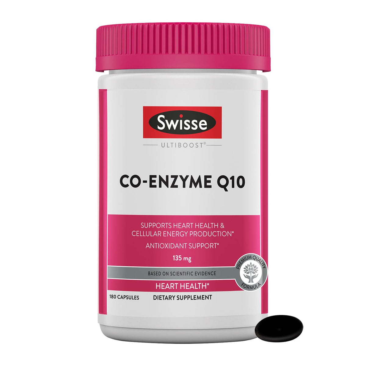 Swisse envase frontal mostrando 180 cápsulas y beneficio de suministro prolongado