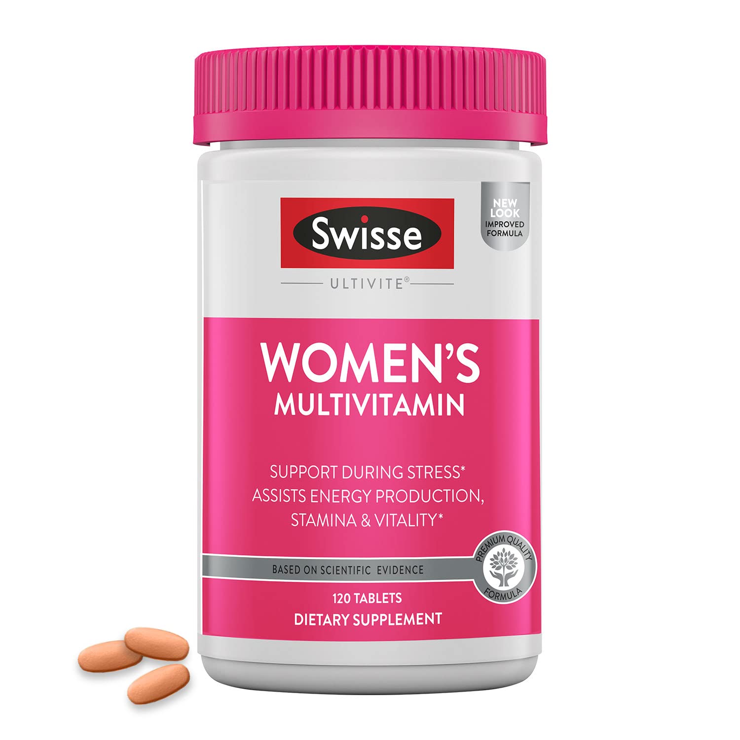 Swisse empaque frontal para mujeres mostrando 120 tabletas y beneficios diarios