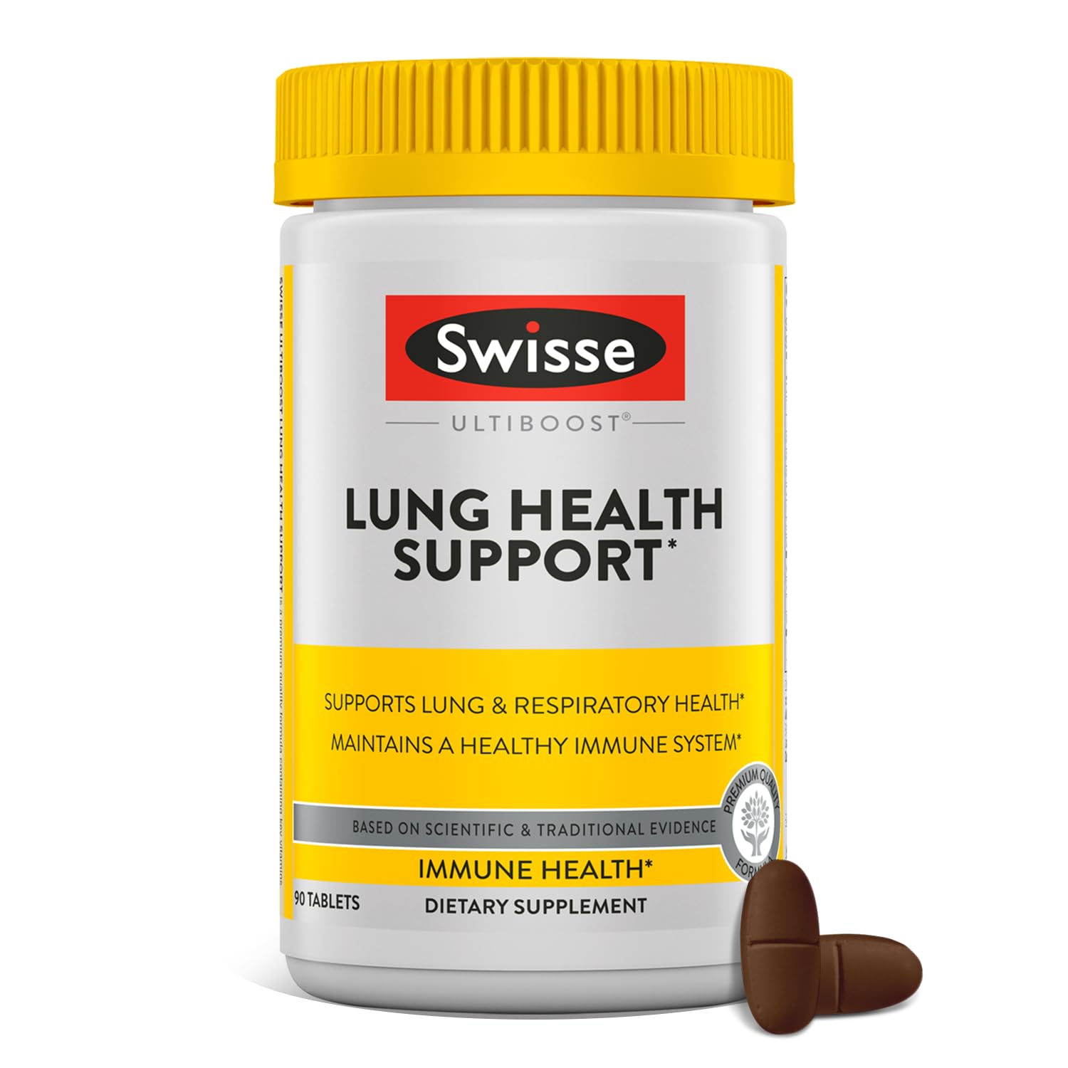Swisse frontal del envase Mullein que muestra presentación y beneficio respiratorio