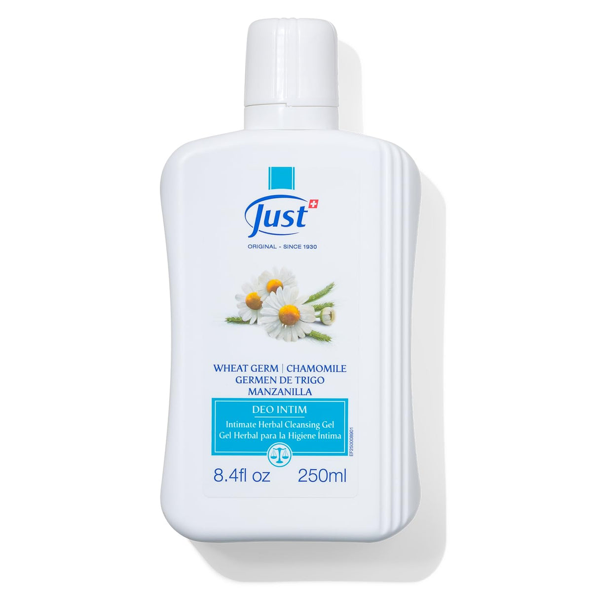 SwissJust frasco frontal del gel íntimo mostrando etiqueta y volumen