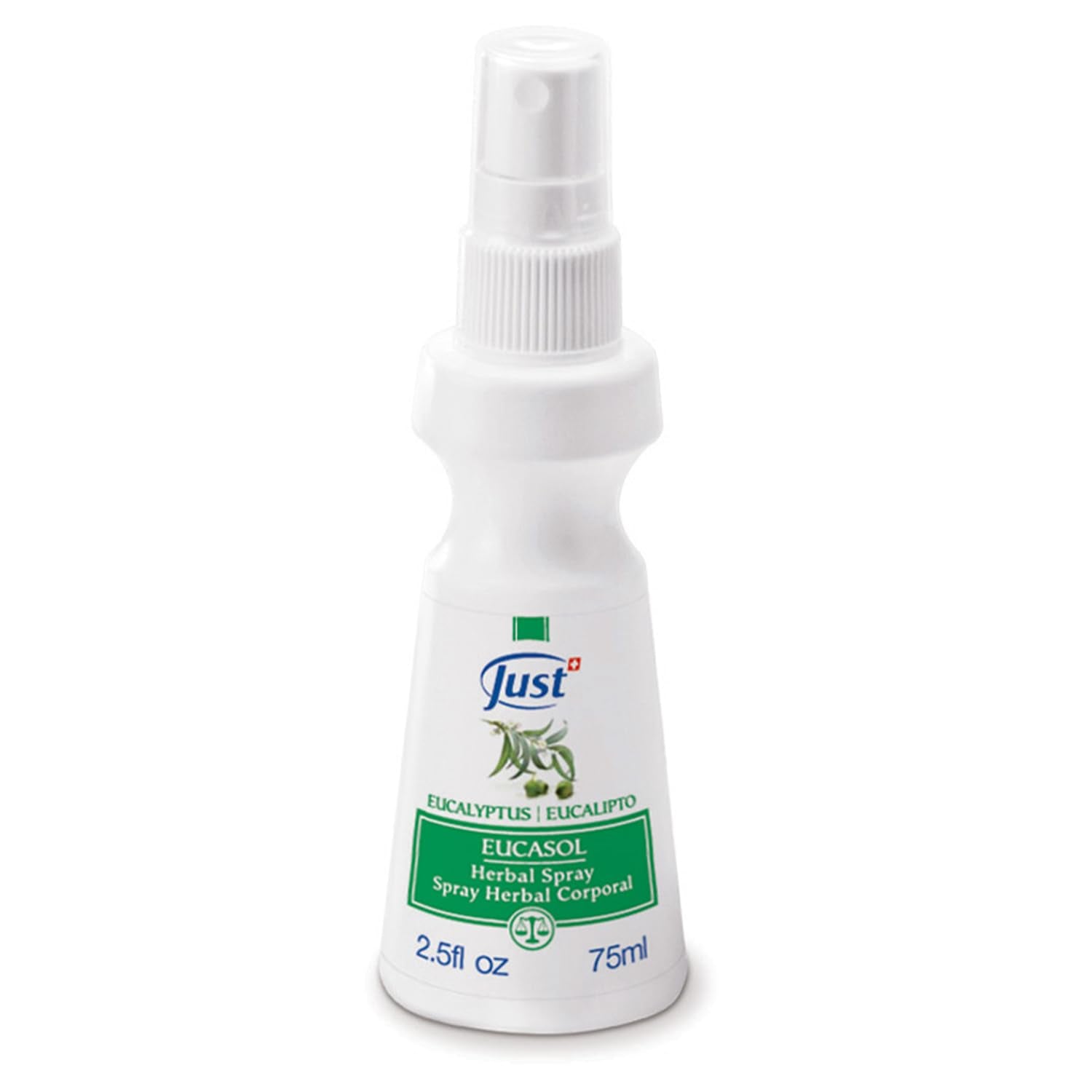 SwissJust Eucasol spray frontal 75 ml mostrando envase y ajuste cómodo