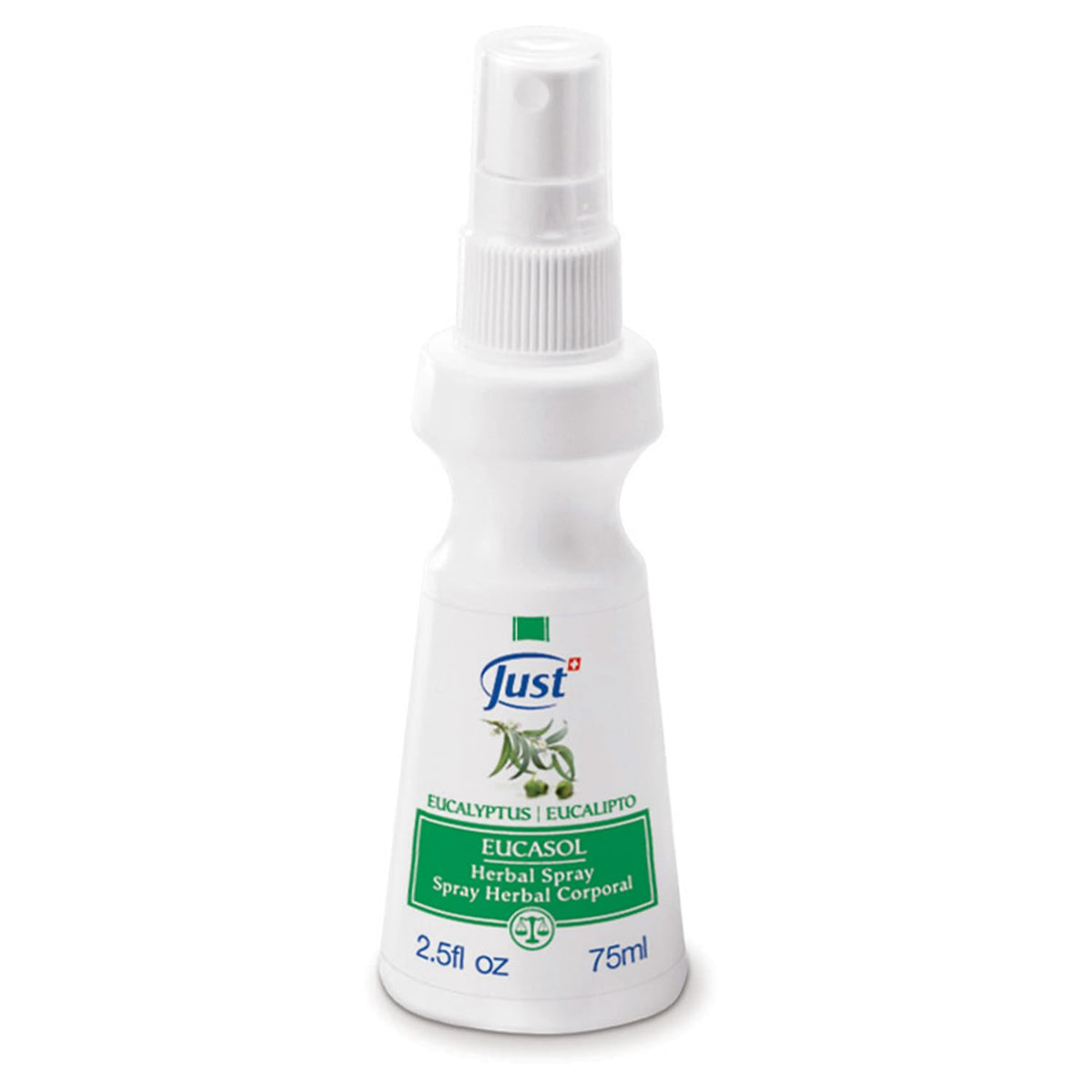 SwissJust Eucasol spray frontal 75 ml mostrando envase y ajuste cómodo