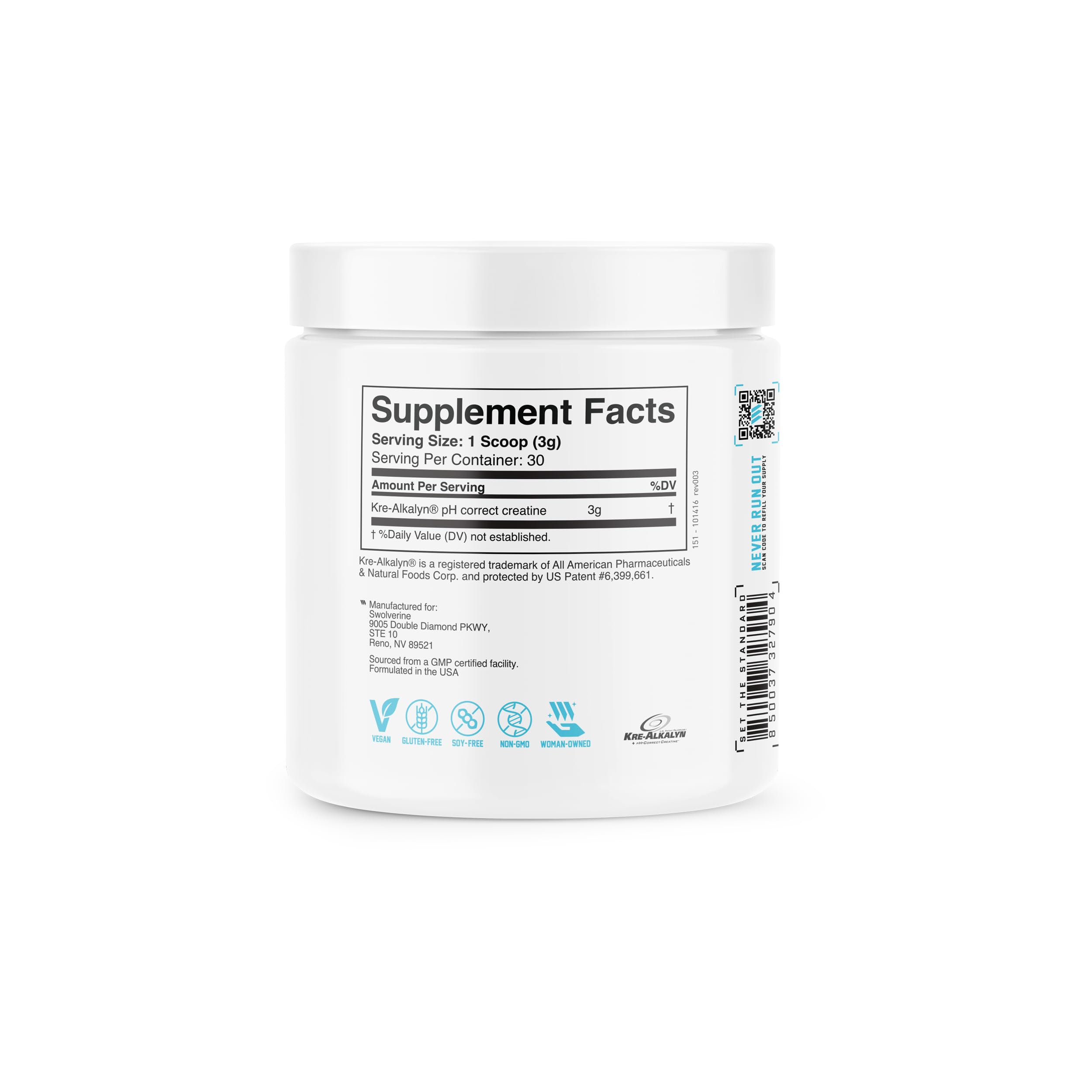 Swolverine comparación de tamaño con scoop para mostrar la porción de 3 g por servicio