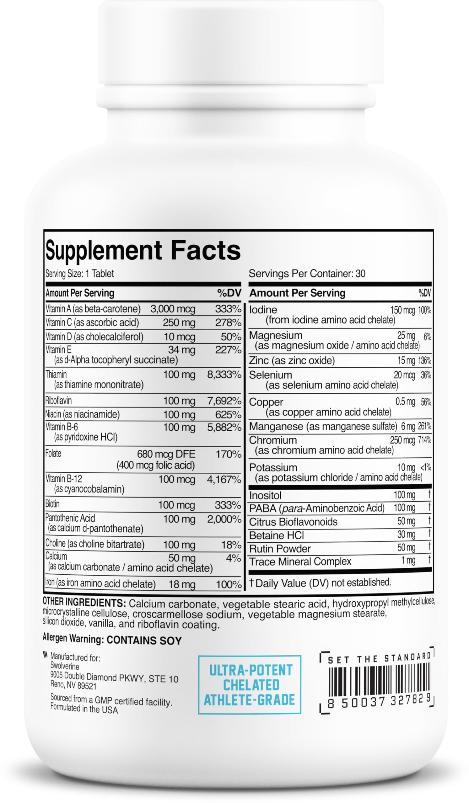 Swolverine multivitamínico en uso junto a botella de agua en gimnasio