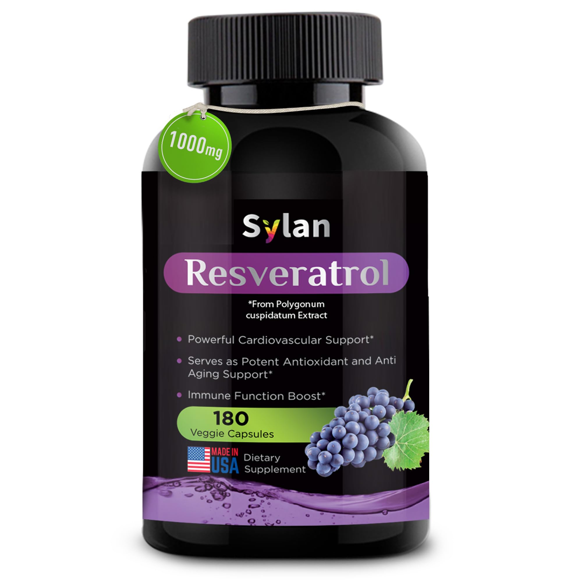 SYLAN frasco frontal del resveratrol 1000 mg, presentación clara y confiable